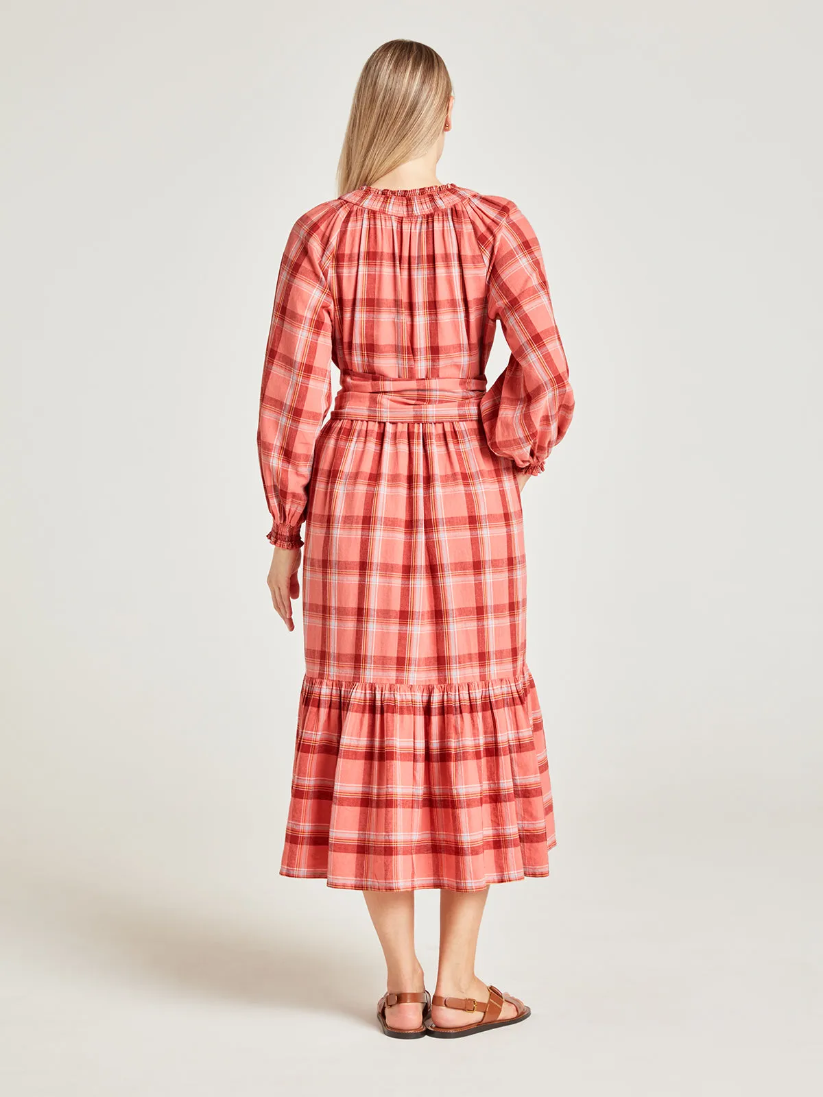 Iman Hemp Check Midi Dress - Light Coral