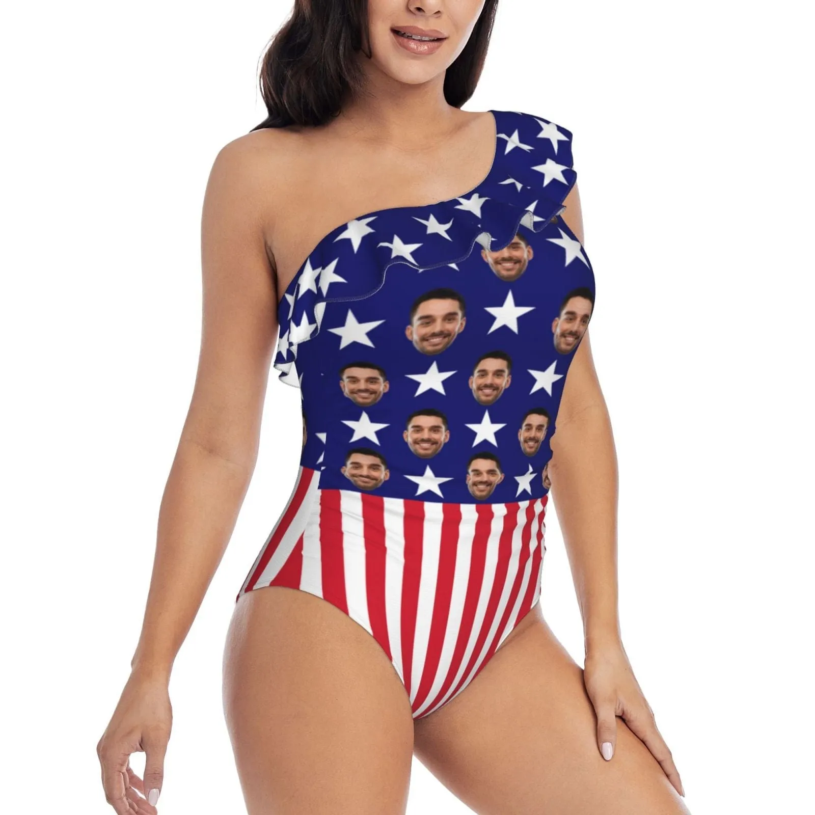 #Independence Day#Custom Face American Flag Pentagram Swimsuit Personalized Women's One Shoulder Ruffle One Piece Bathing Suit