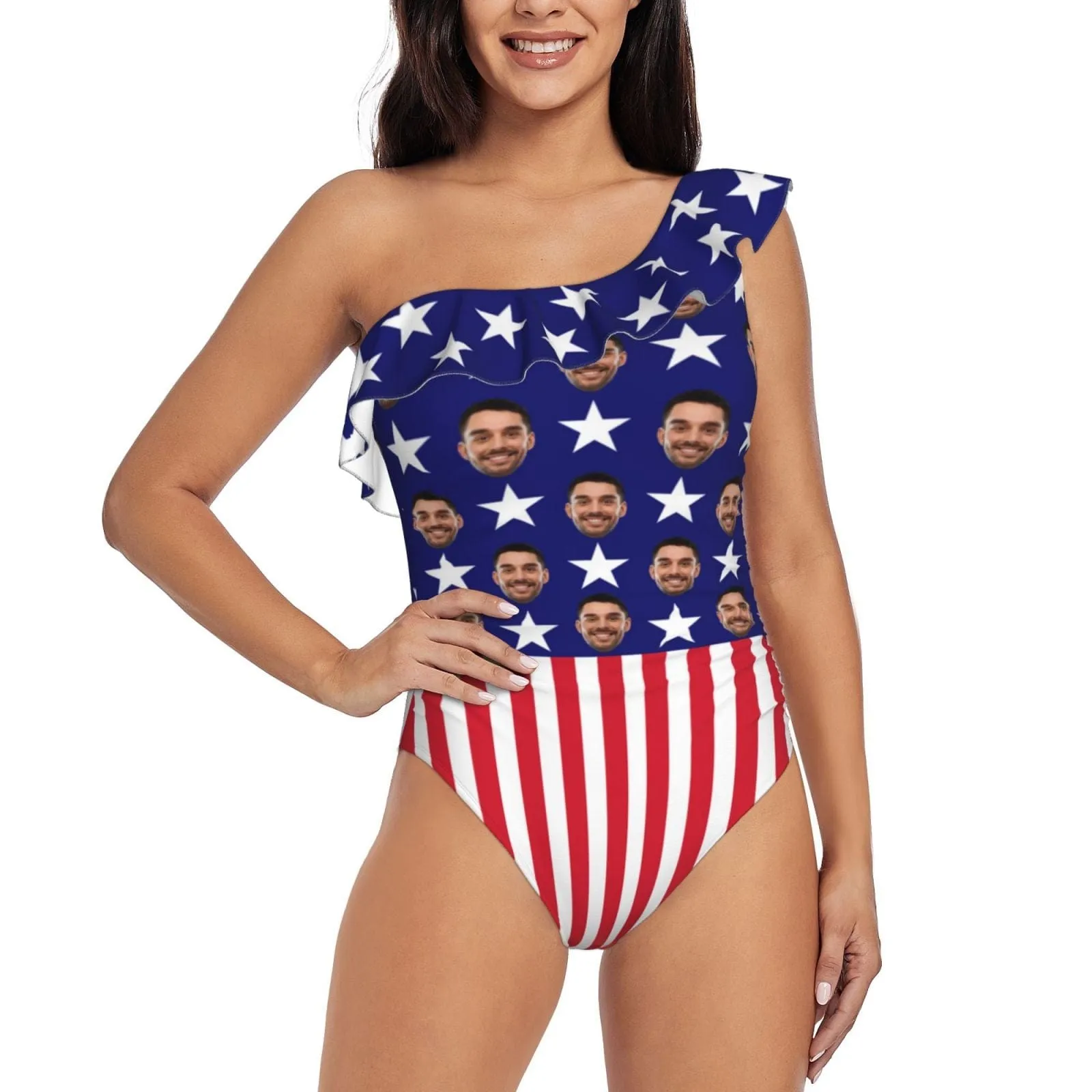 #Independence Day#Custom Face American Flag Pentagram Swimsuit Personalized Women's One Shoulder Ruffle One Piece Bathing Suit