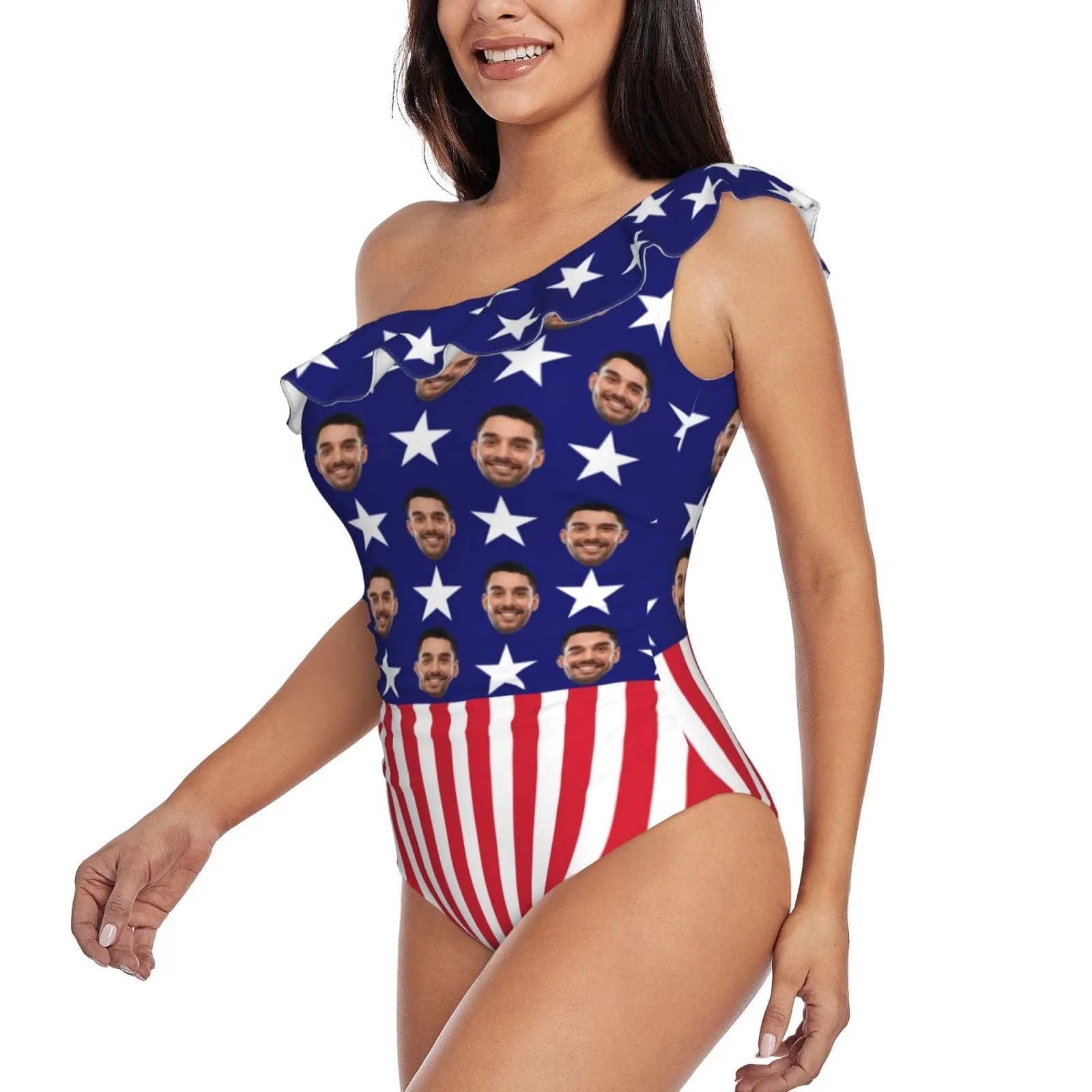 #Independence Day#Custom Face American Flag Pentagram Swimsuit Personalized Women's One Shoulder Ruffle One Piece Bathing Suit