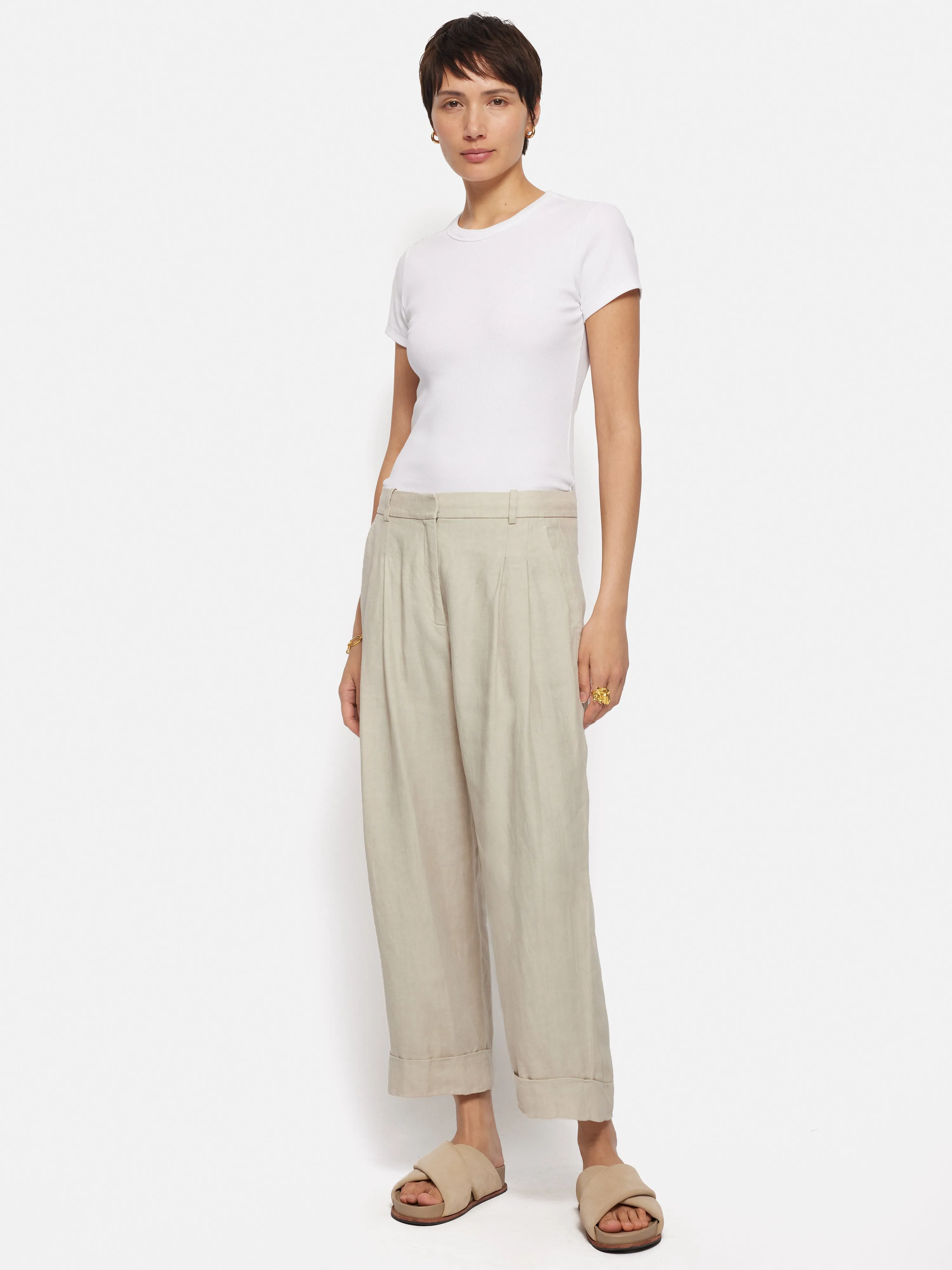 Italian Linen Turn Up Trouser | Stone