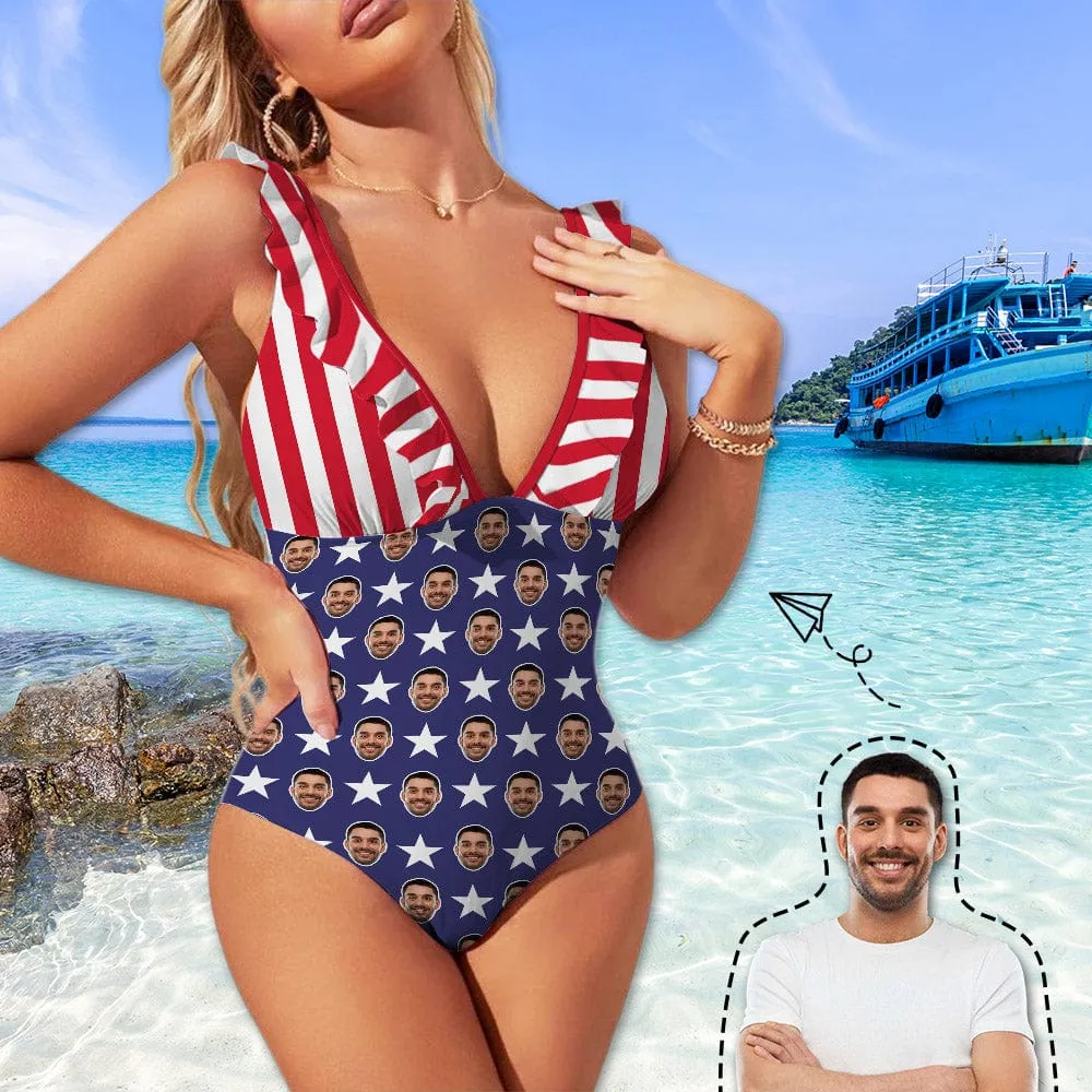 #July 4-4th of July Custom Face USA Flag Swimwear Personalized Women's V-Neck Ruffle Bathing Suit One Piece Swimsuit