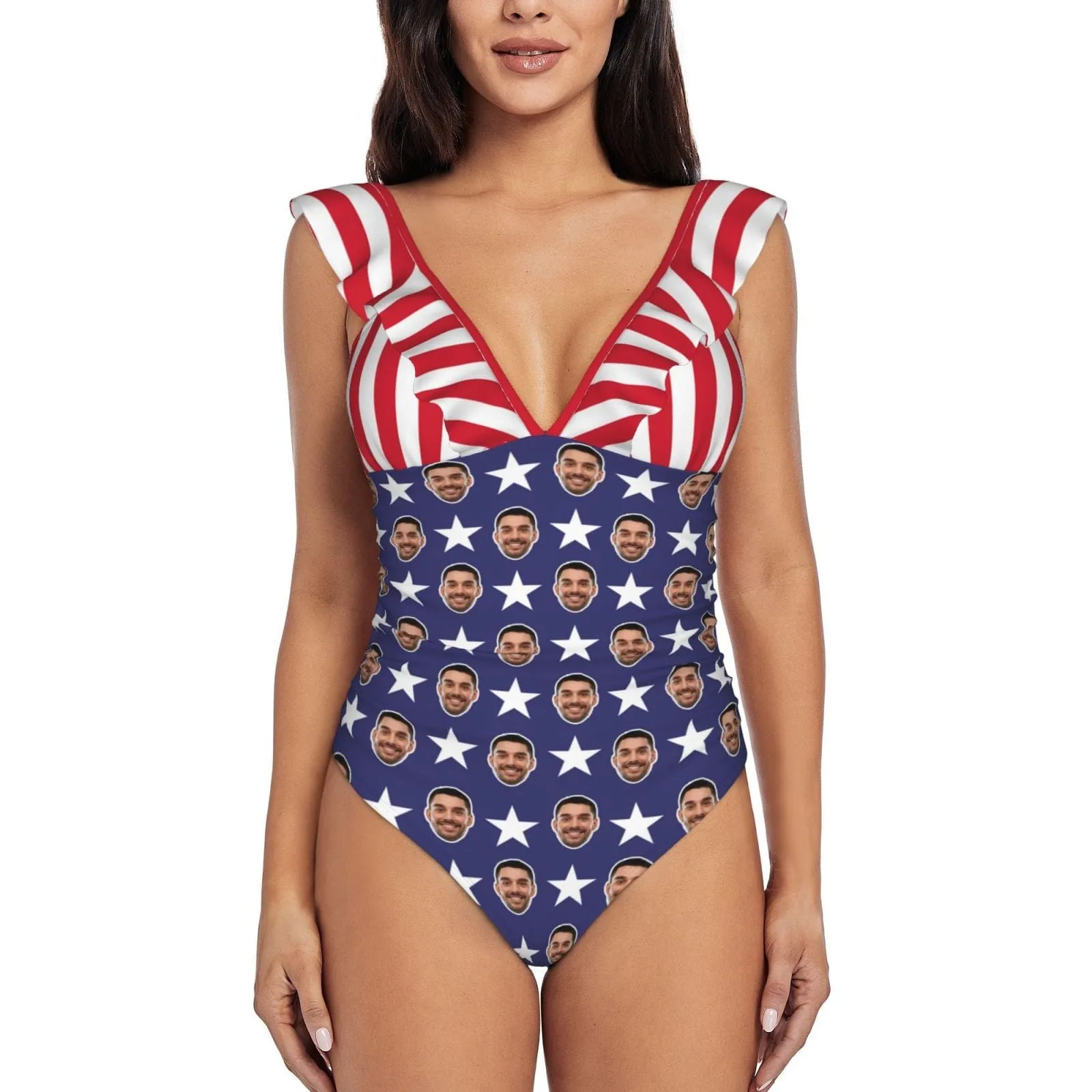 #July 4-4th of July Custom Face USA Flag Swimwear Personalized Women's V-Neck Ruffle Bathing Suit One Piece Swimsuit