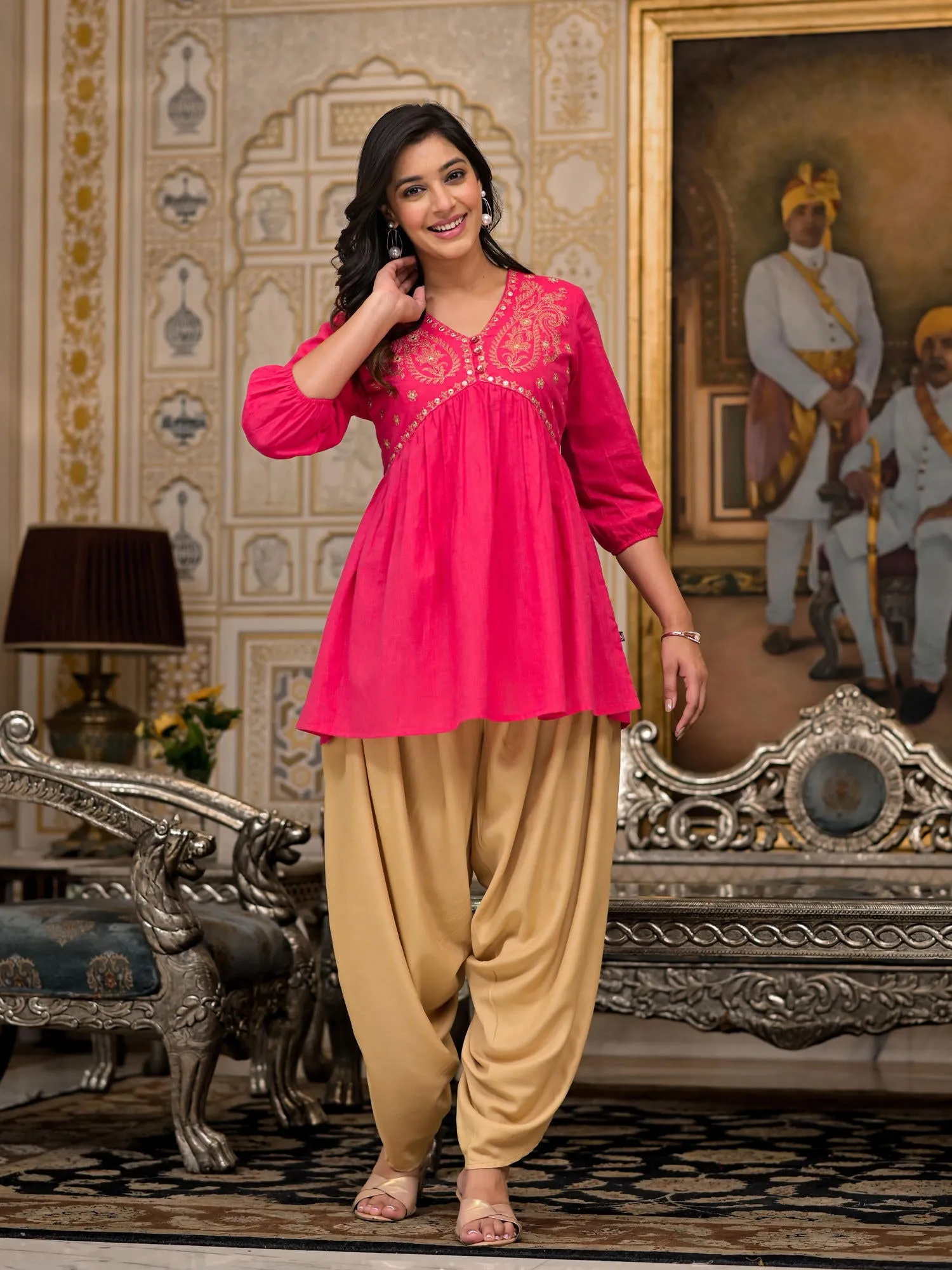 Juniper Fuchsia Embroidered Cotton Women Tunic And Pant Co-Ord Set With Mirror & Zari Work