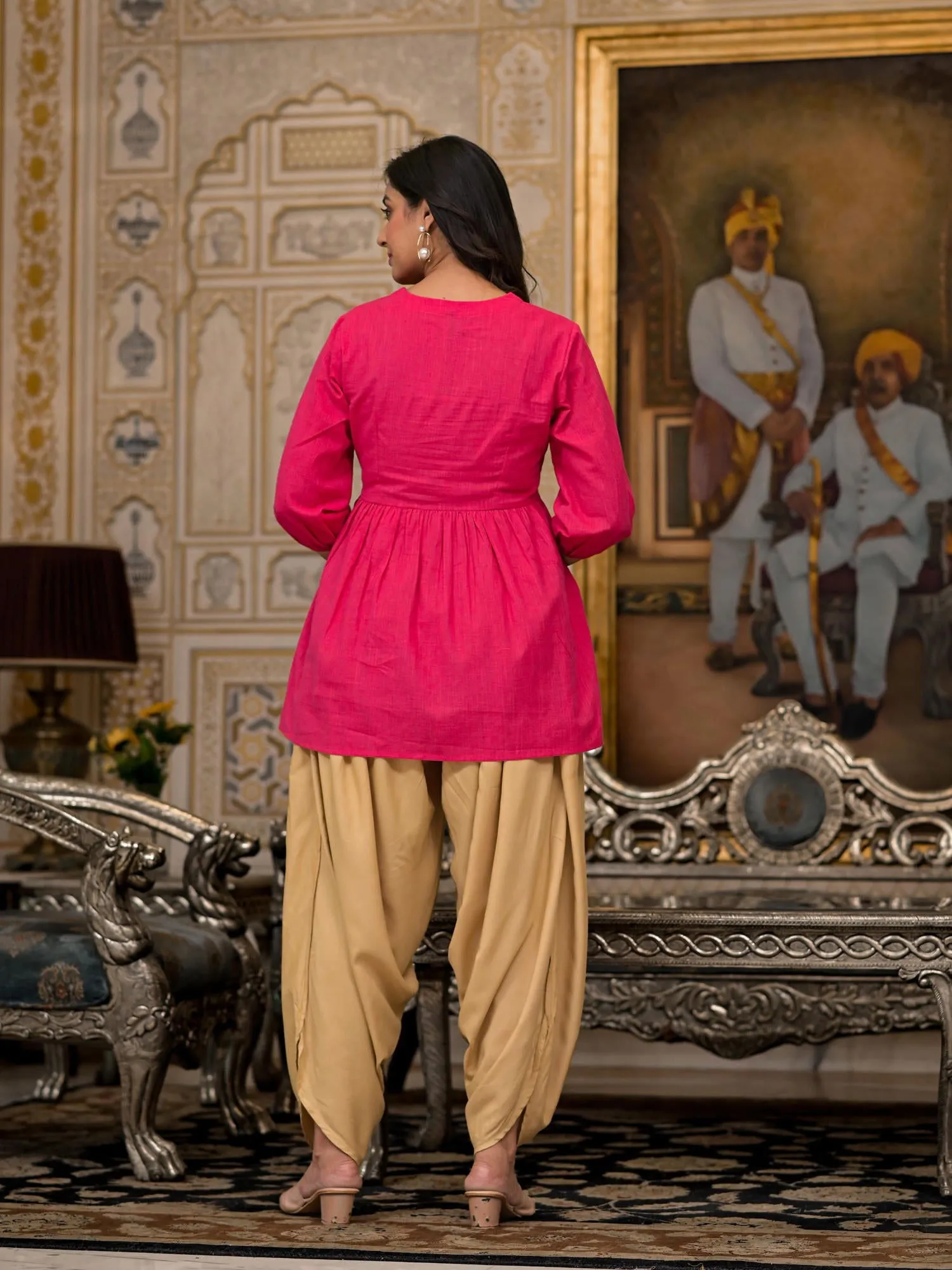 Juniper Fuchsia Embroidered Cotton Women Tunic And Pant Co-Ord Set With Mirror & Zari Work