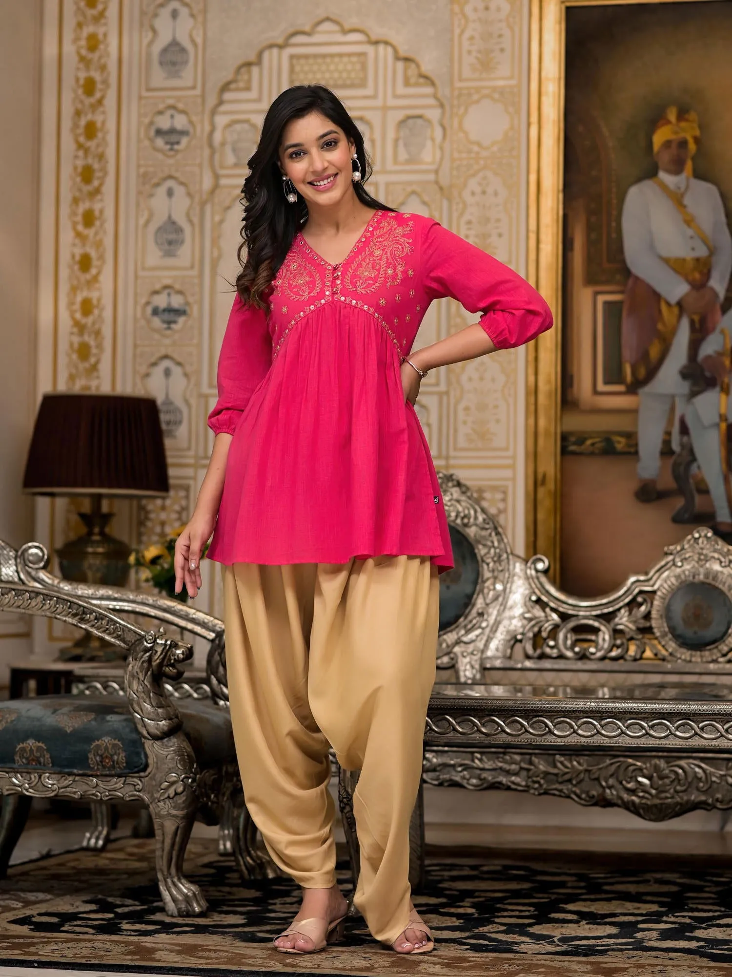 Juniper Fuchsia Embroidered Cotton Women Tunic And Pant Co-Ord Set With Mirror & Zari Work