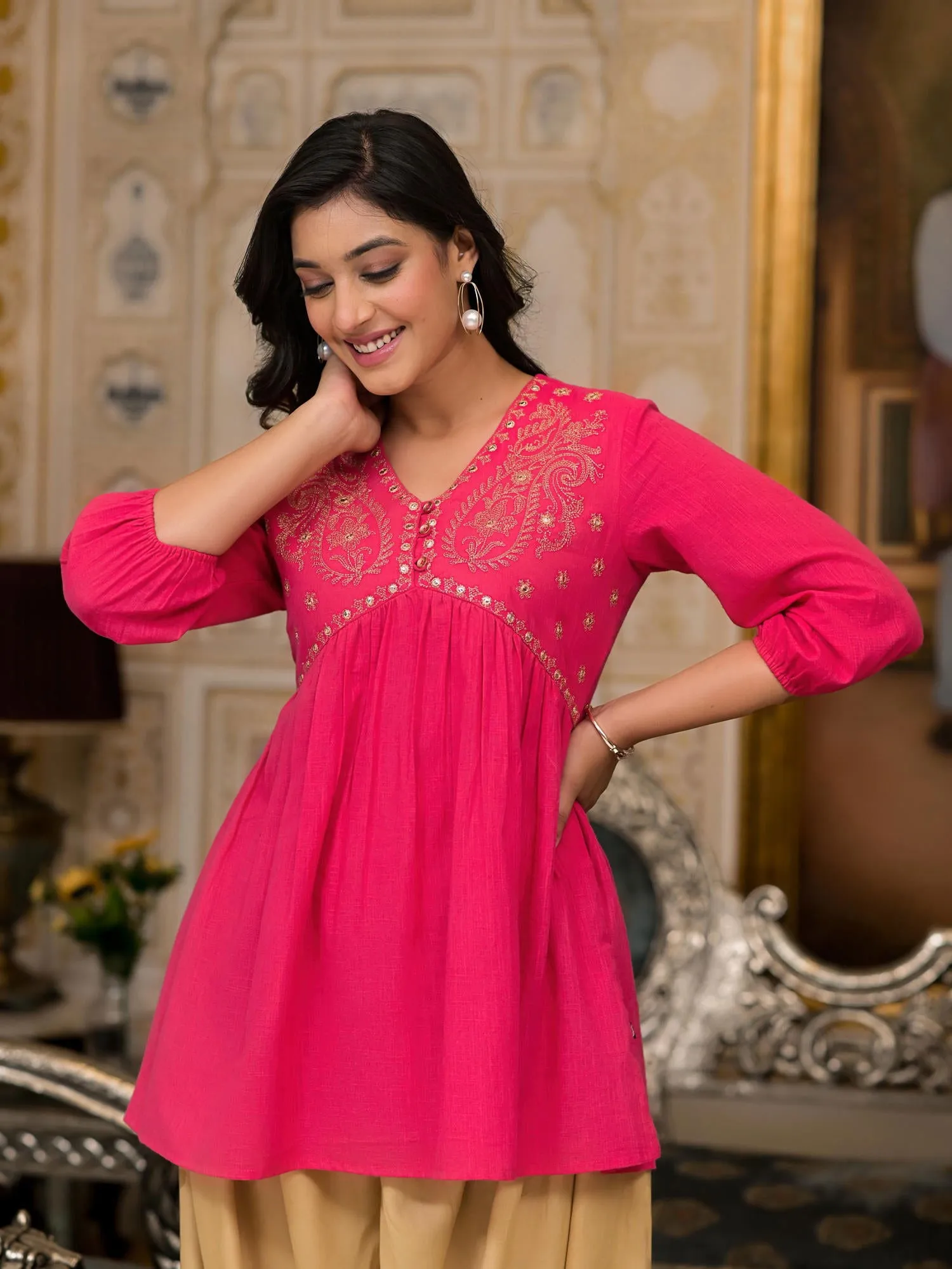 Juniper Fuchsia Embroidered Cotton Women Tunic And Pant Co-Ord Set With Mirror & Zari Work