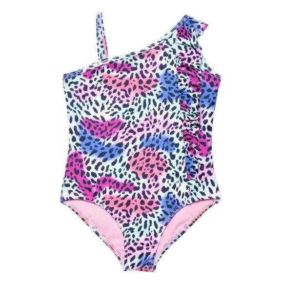 KENSIE GIRL Cheetah Madness Ruffle UPF 50 One-Piece Beach Pool Swimsuit