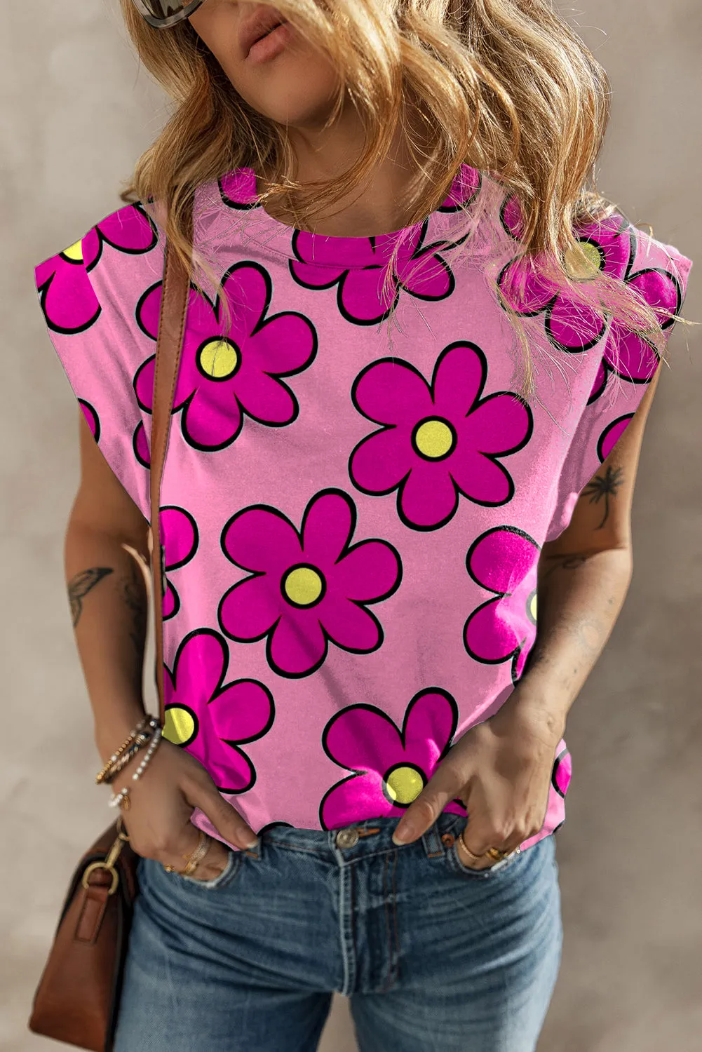 Khaki Flower Print Round Neck Cap Sleeve T Shirt