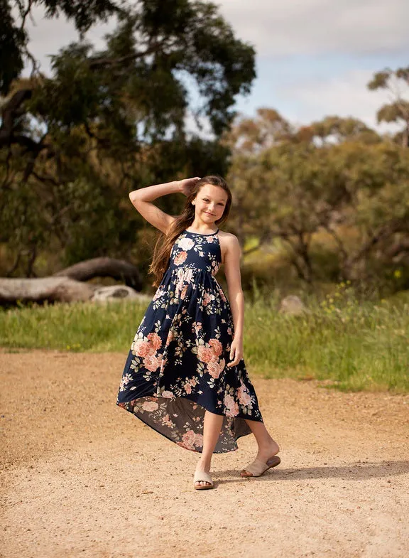 Lola Floral High Low Girls Dress Navy