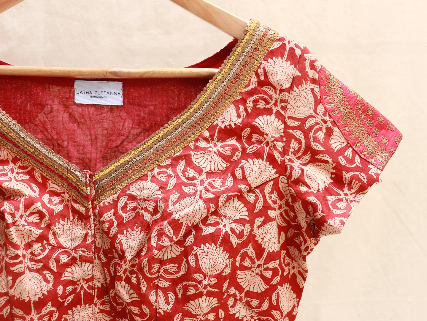 Mahogany Red Ajrakh cotton, Hand-embroidery Blouse