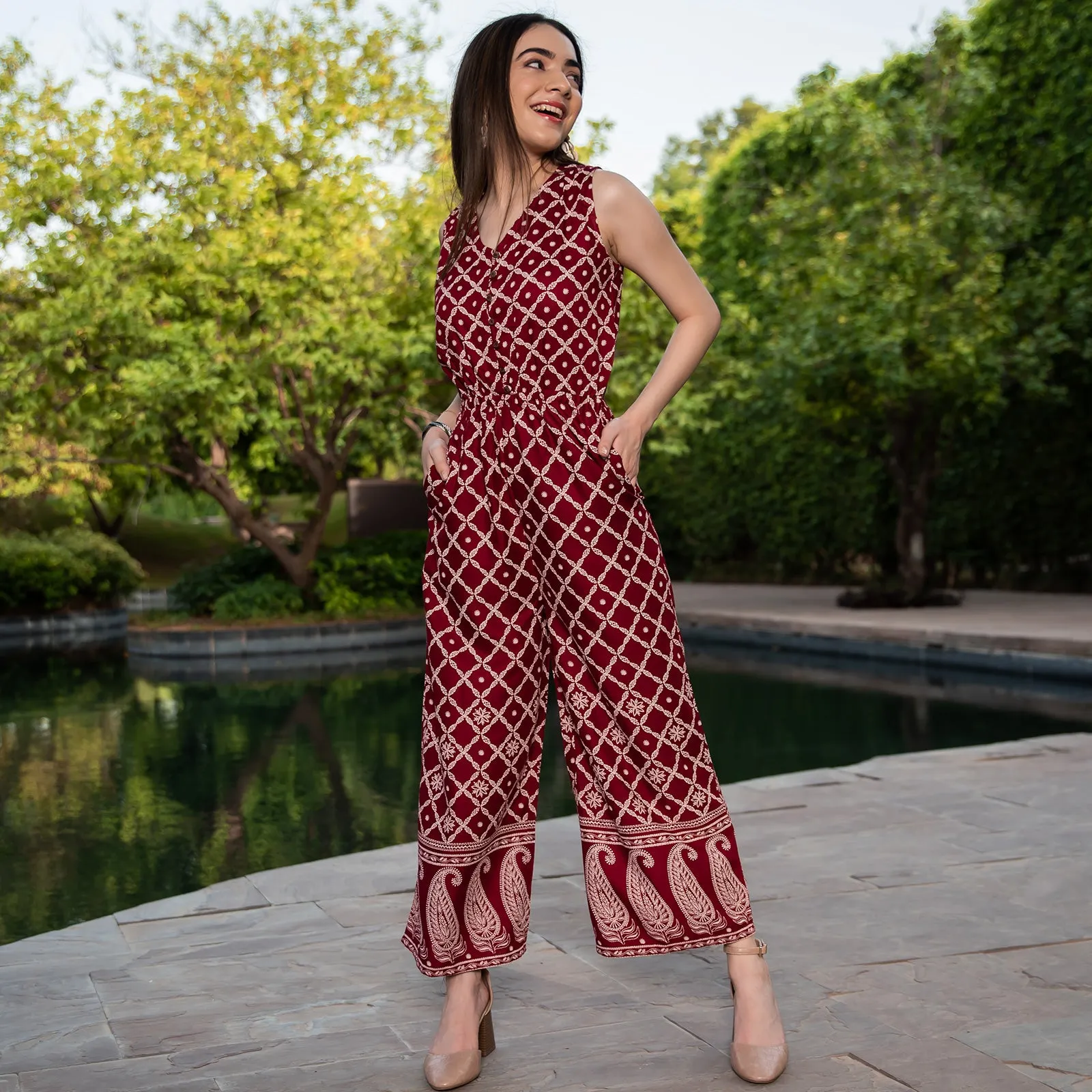 Maroon Front Buttoned Jumpsuit