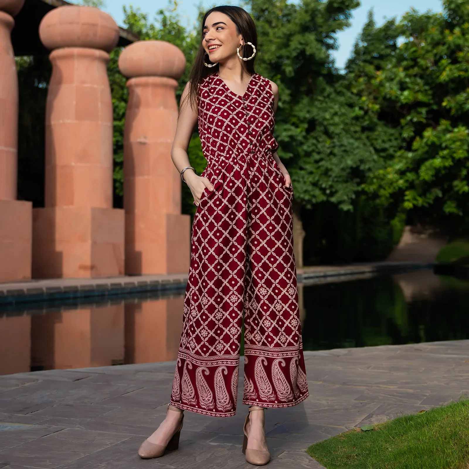 Maroon Front Buttoned Jumpsuit