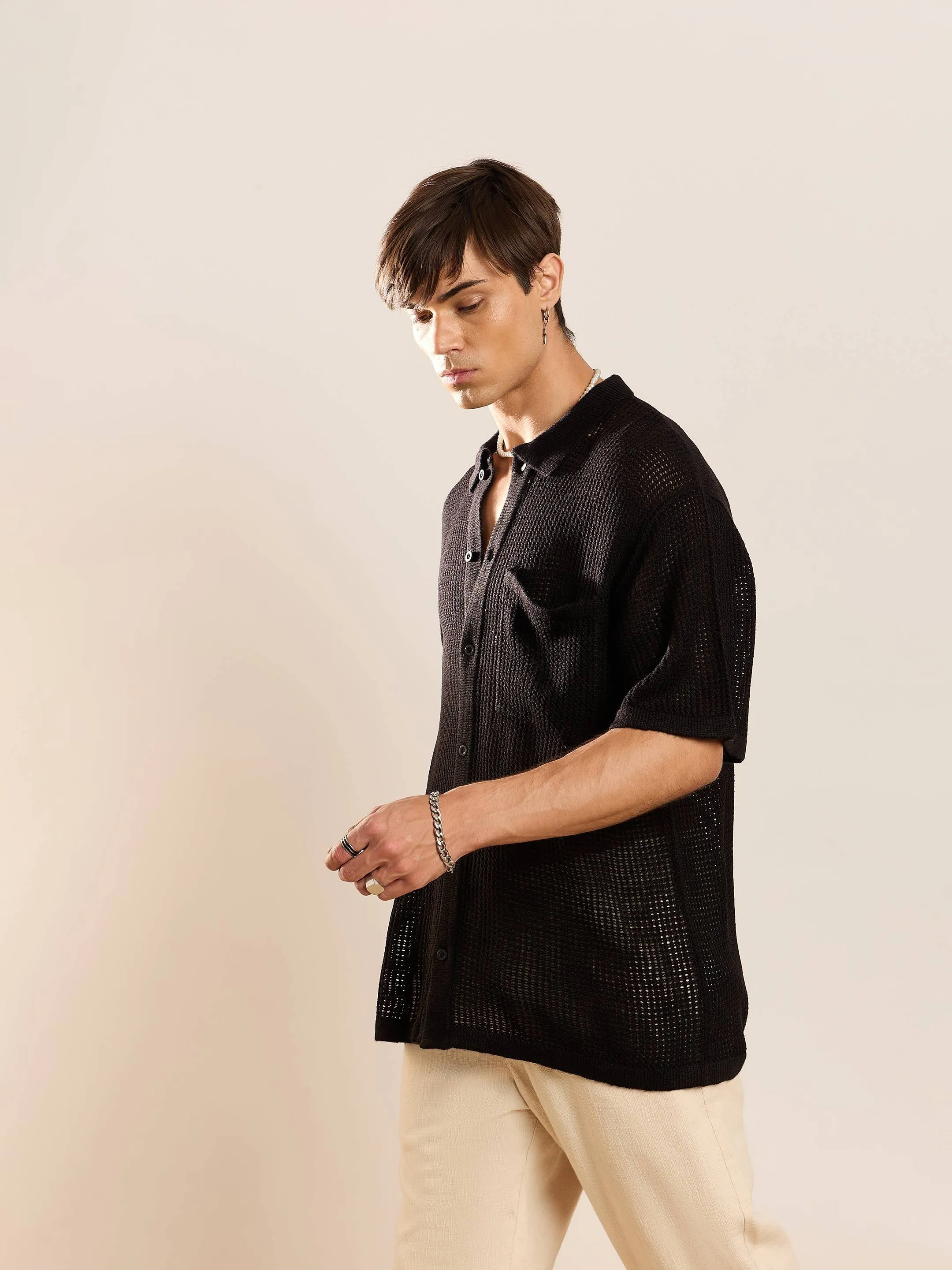 Men Black Crochet Knit Oversize Shirt