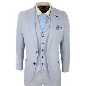 Mens 3 Piece Linen Suit Summer Breathable Wedding Cotton Baby Blue Light