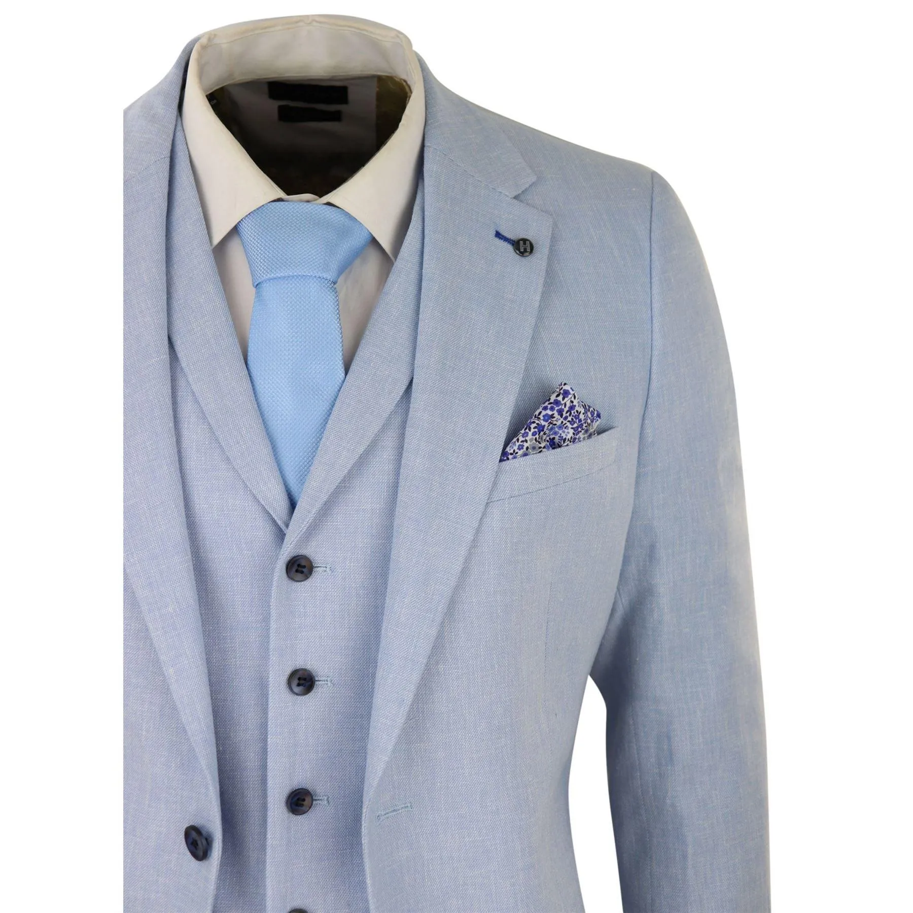 Mens 3 Piece Linen Suit Summer Breathable Wedding Cotton Baby Blue Light