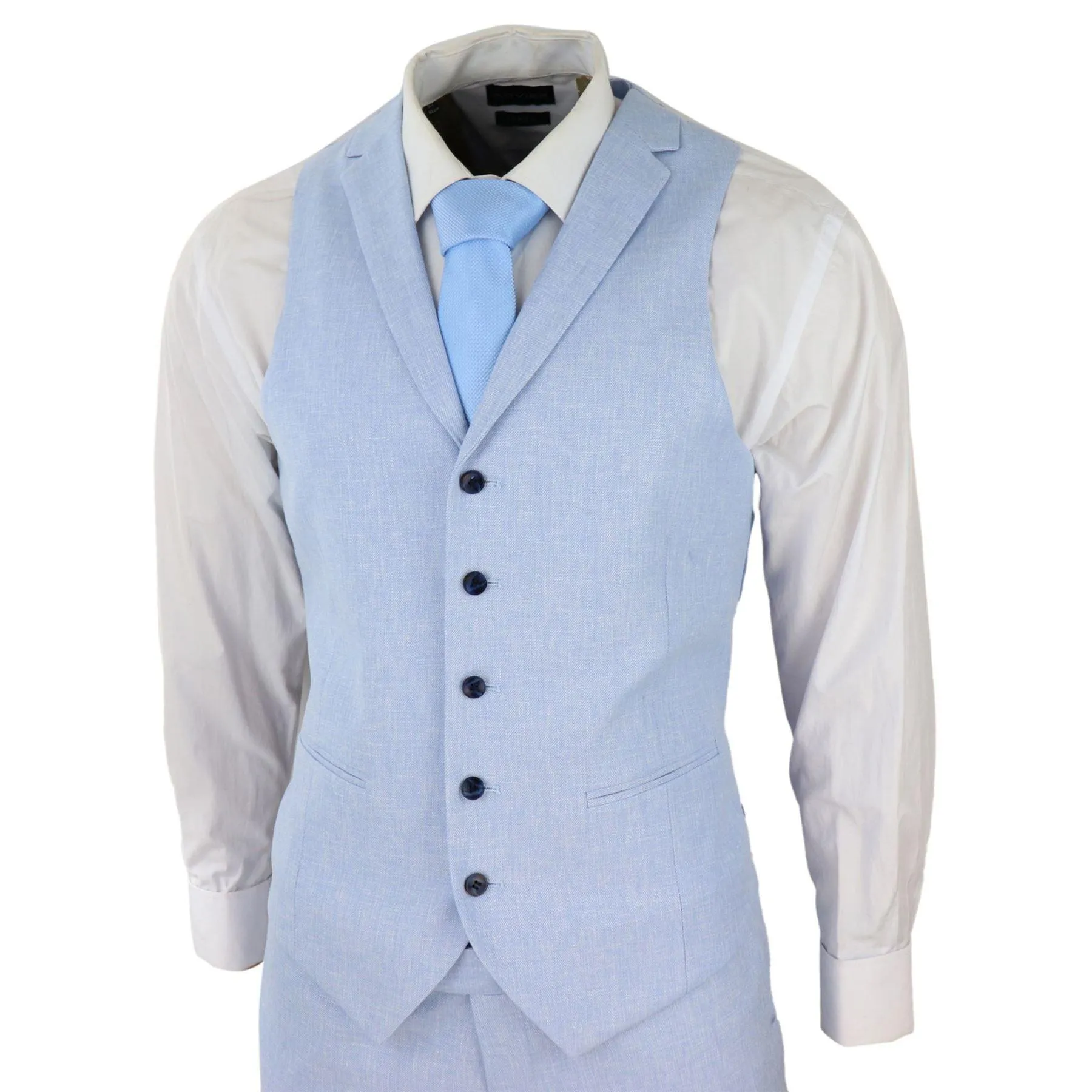 Mens 3 Piece Linen Suit Summer Breathable Wedding Cotton Baby Blue Light