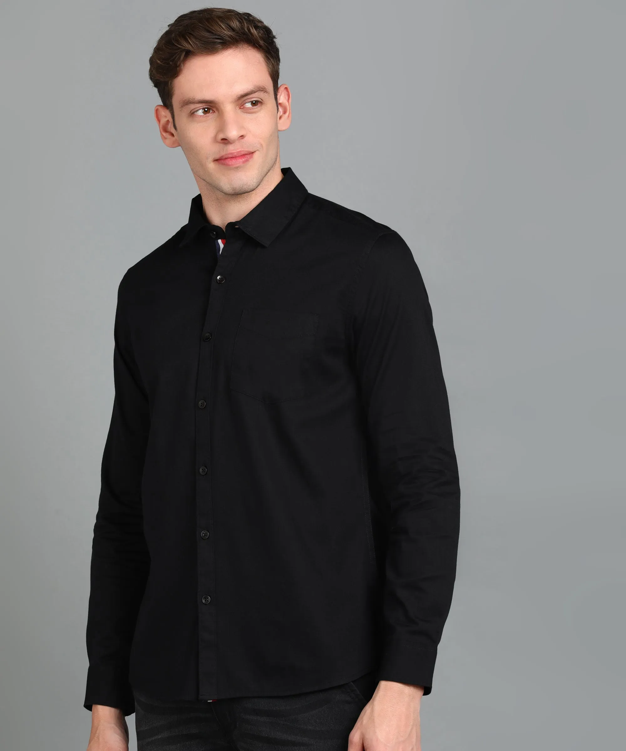 Men's Black Cotton Full Sleeve Slim Fit Casual Solid Shirt