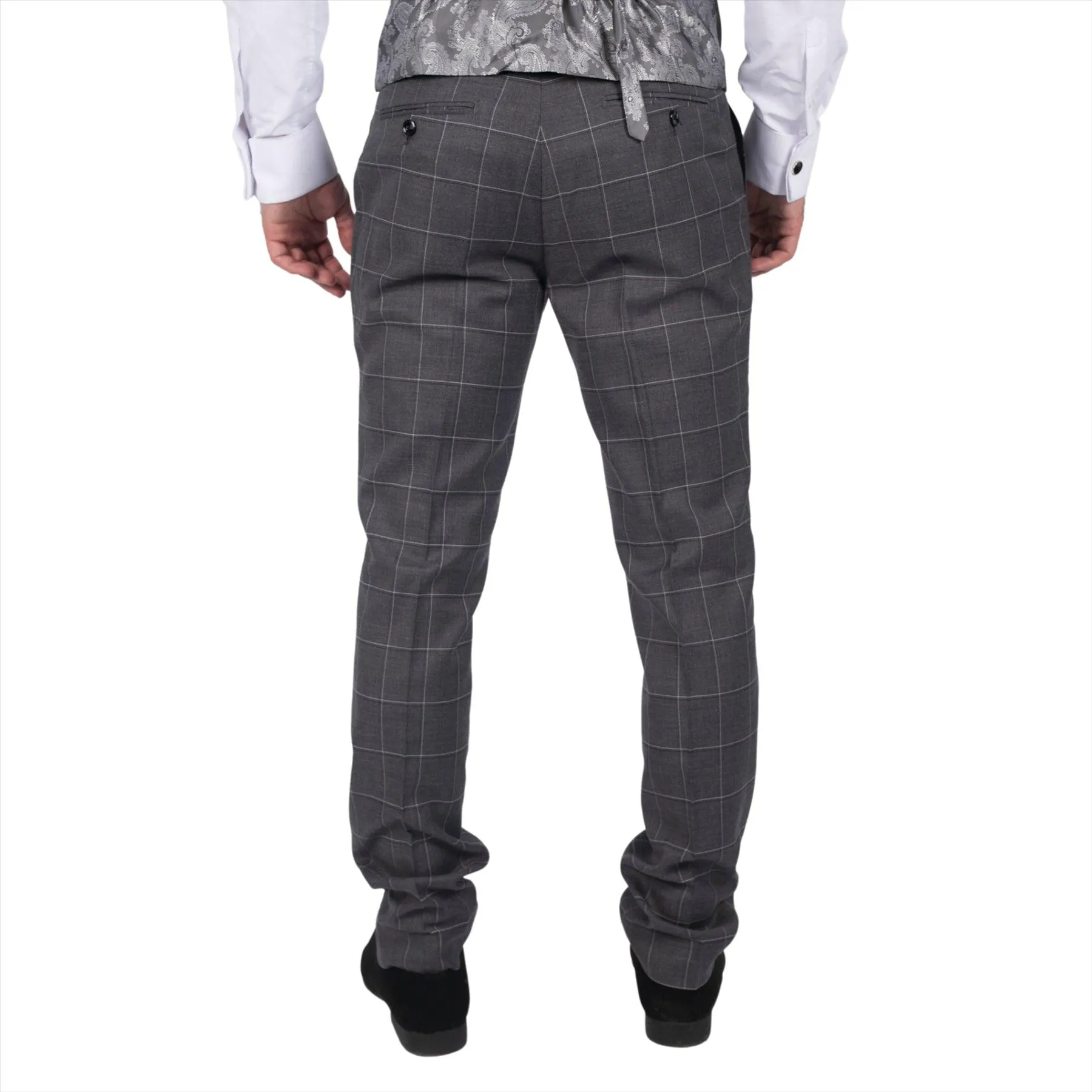 Mens Grey Check Trousers Vintage Retro Smart Wedding Classic Tailored Fit Light