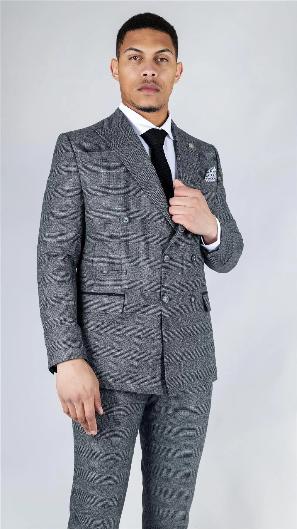 Men's Grey Suit 2 Piece Double Breasted Check Formal Dress