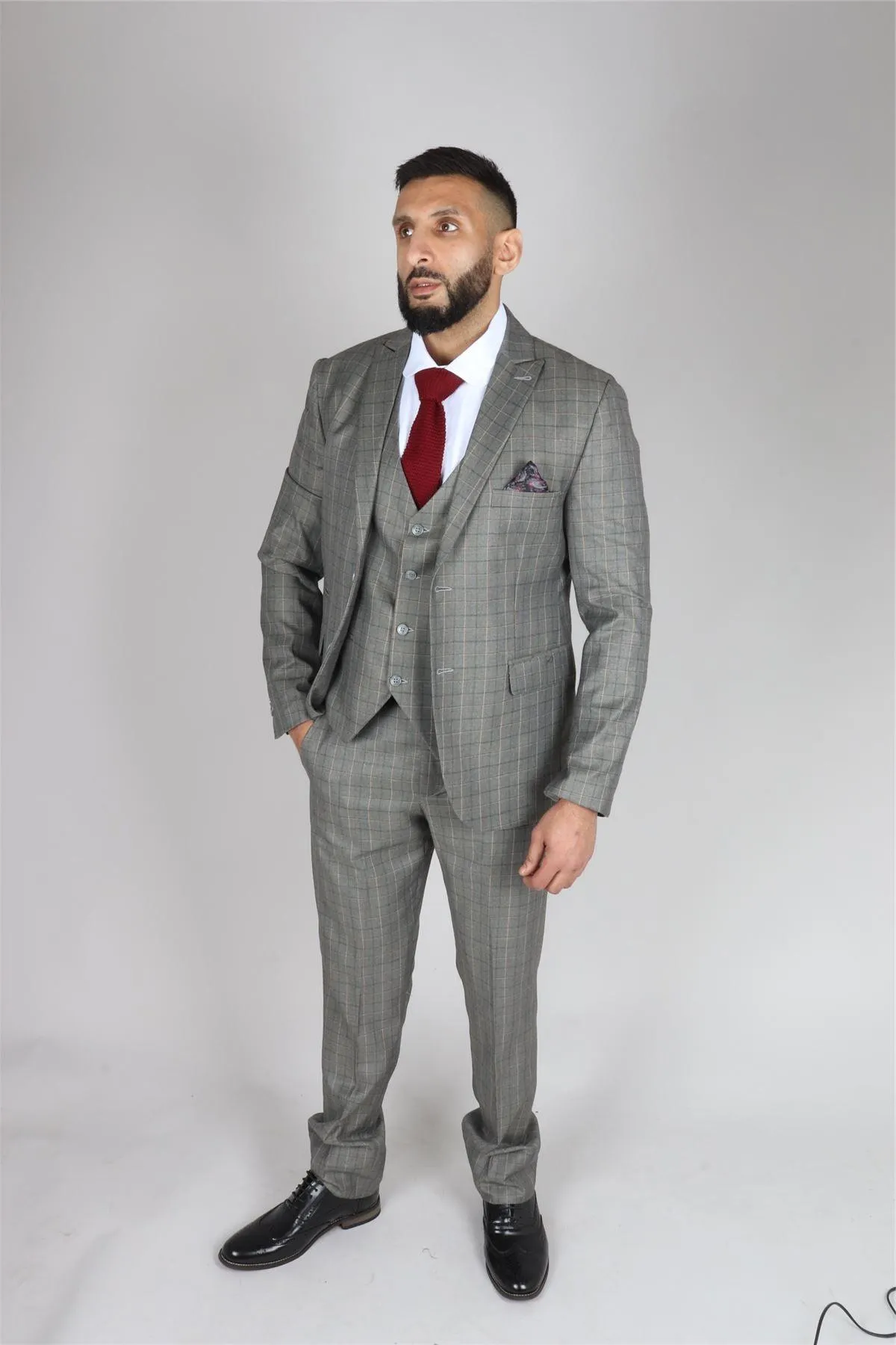 Men's Grey Suit Prince Of Wales Check Tailored Fit 3 Piece Formal Dress