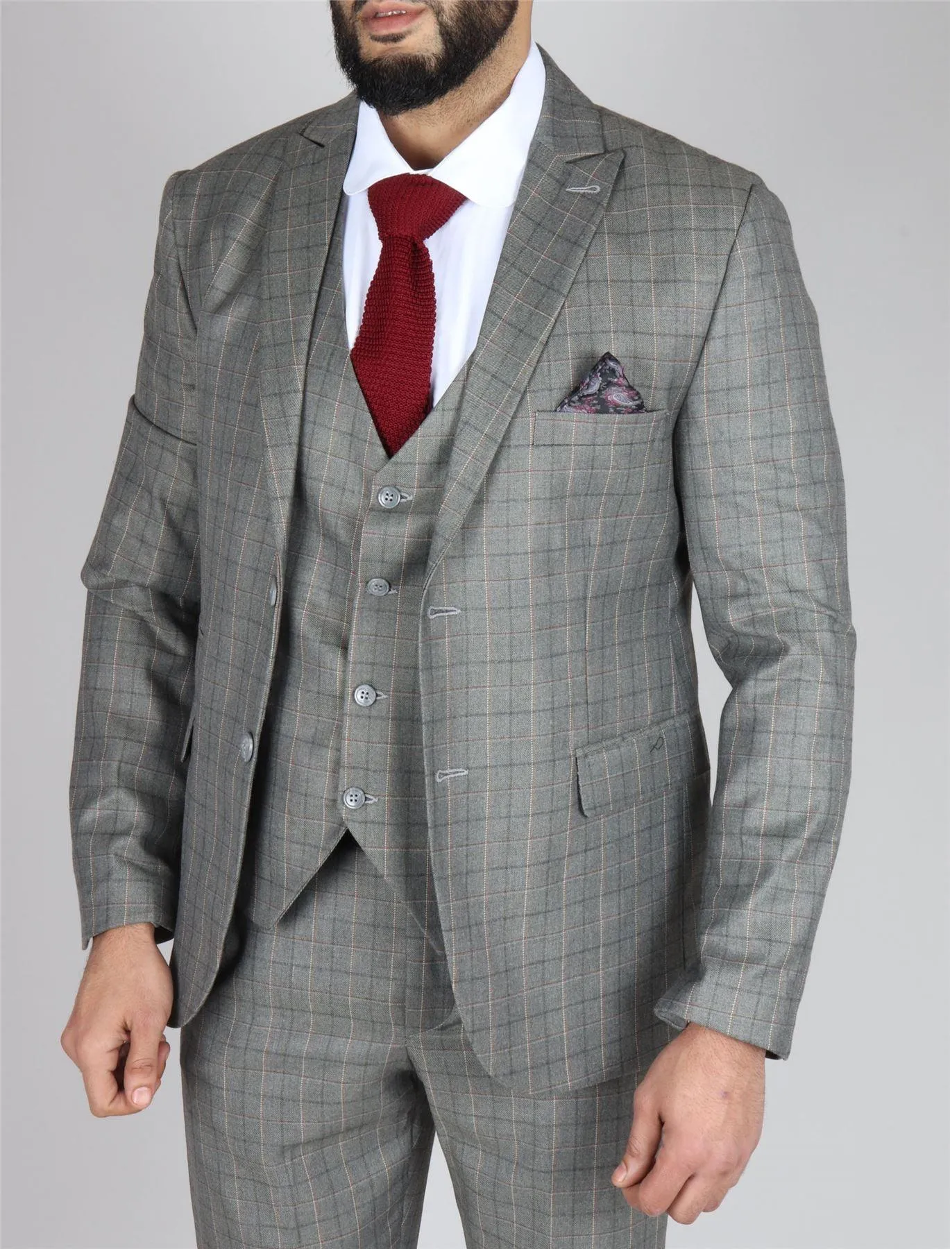 Men's Grey Suit Prince Of Wales Check Tailored Fit 3 Piece Formal Dress