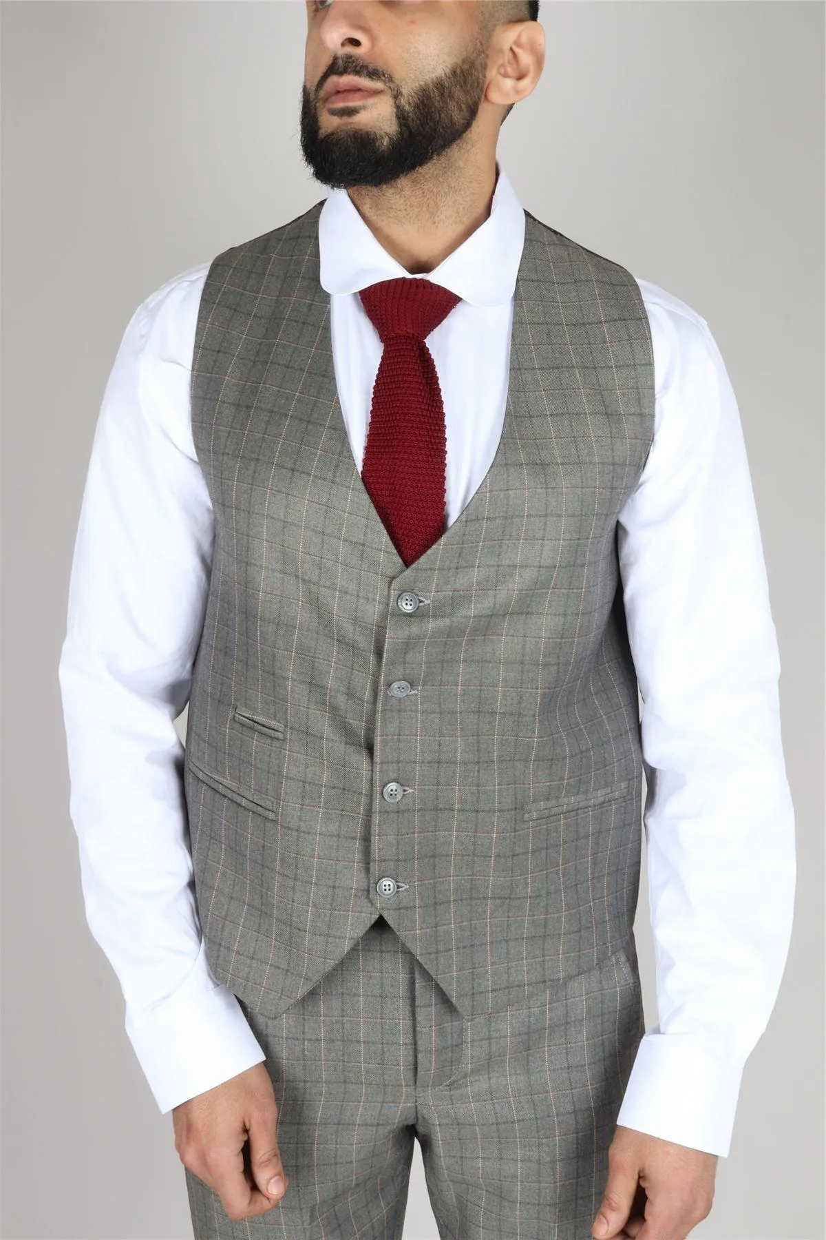 Men's Grey Suit Prince Of Wales Check Tailored Fit 3 Piece Formal Dress