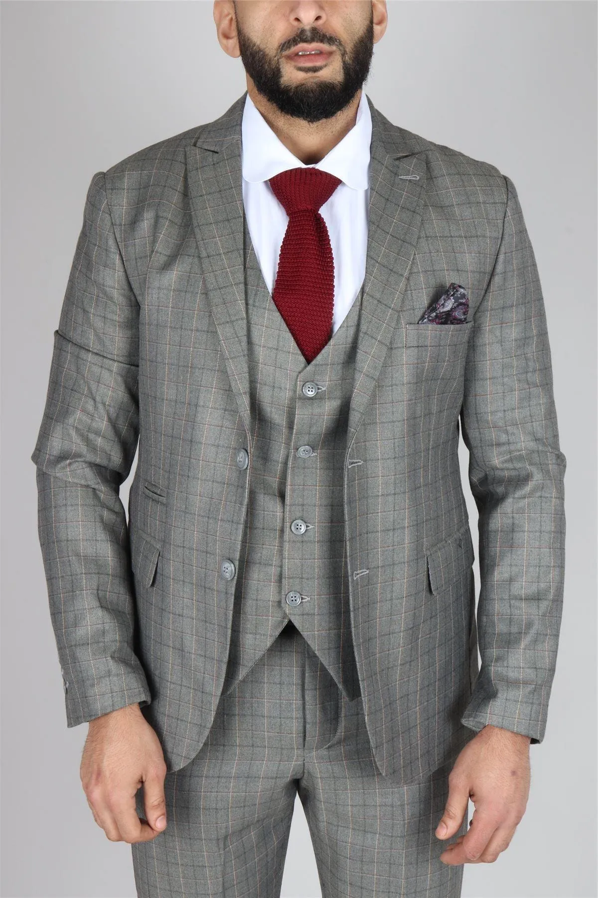 Men's Grey Suit Prince Of Wales Check Tailored Fit 3 Piece Formal Dress