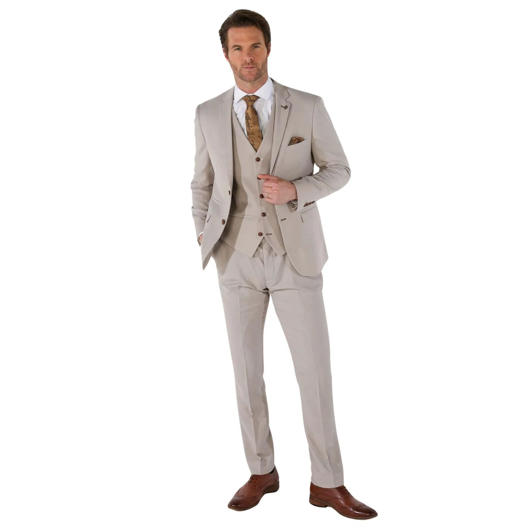 Men's Suit 3 Piece Beige Classic Birdseye Summer Wedding