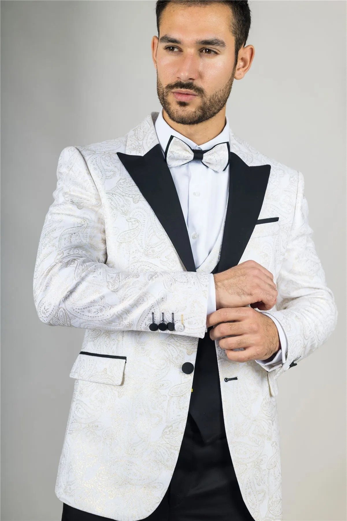 Men's Suit 3 Piece White Paisley Tailored Fit Wedding Tuxedo