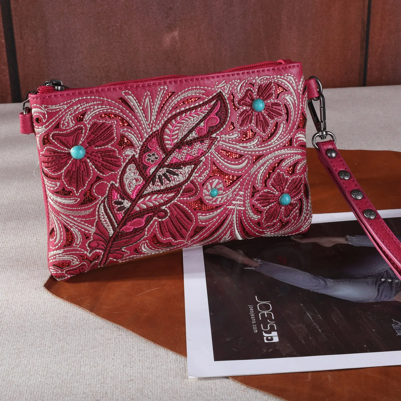 MW1244-181 Montana West  Embroidered Floral Cut-out Collection Clutch/Crossbody