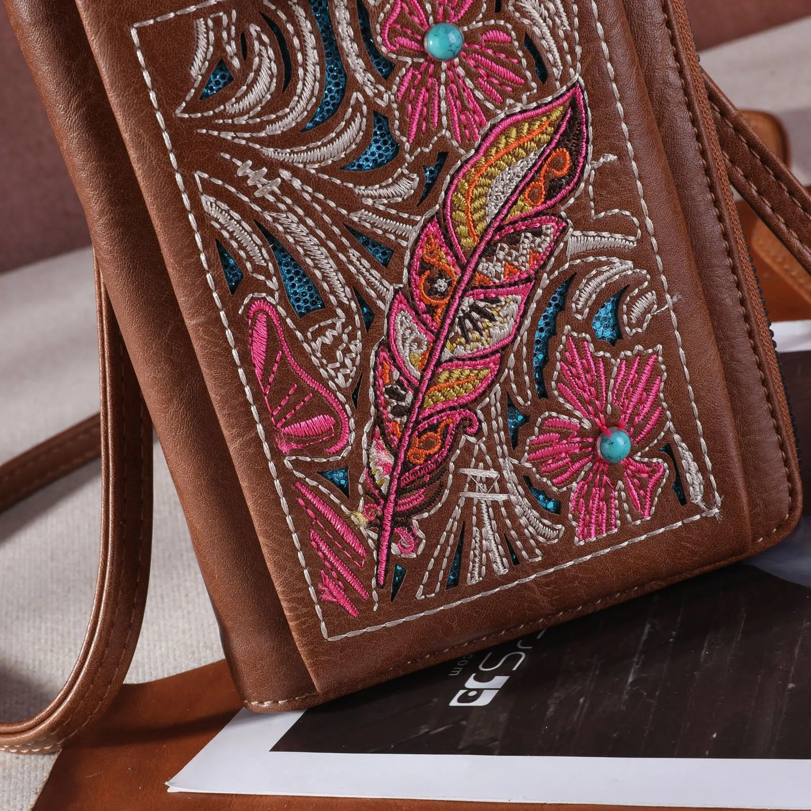 MW1244-183 Montana West Embroidered Floral Cut-out Collection Phone Wallet/Crossbody