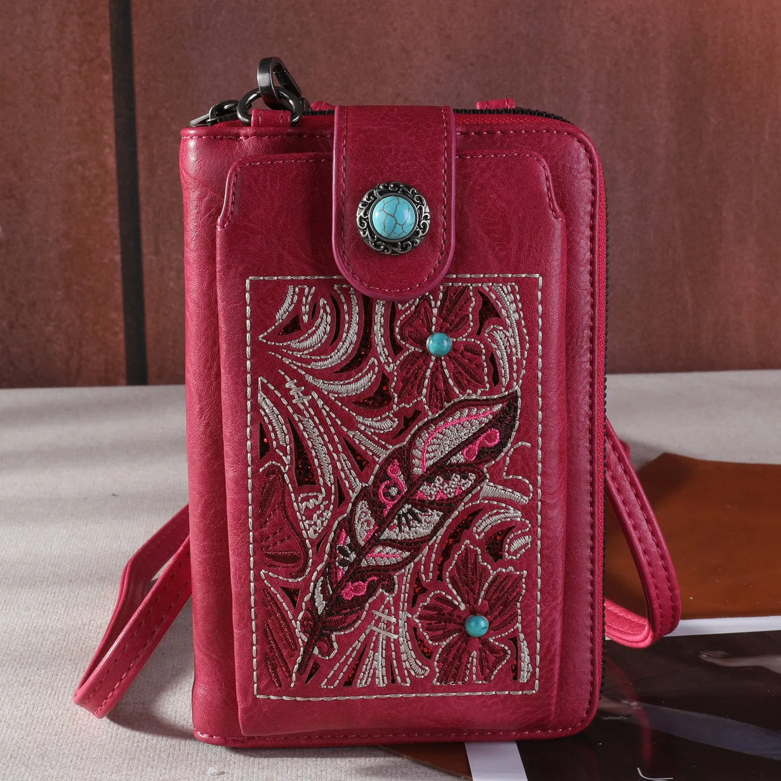 MW1244-183 Montana West Embroidered Floral Cut-out Collection Phone Wallet/Crossbody