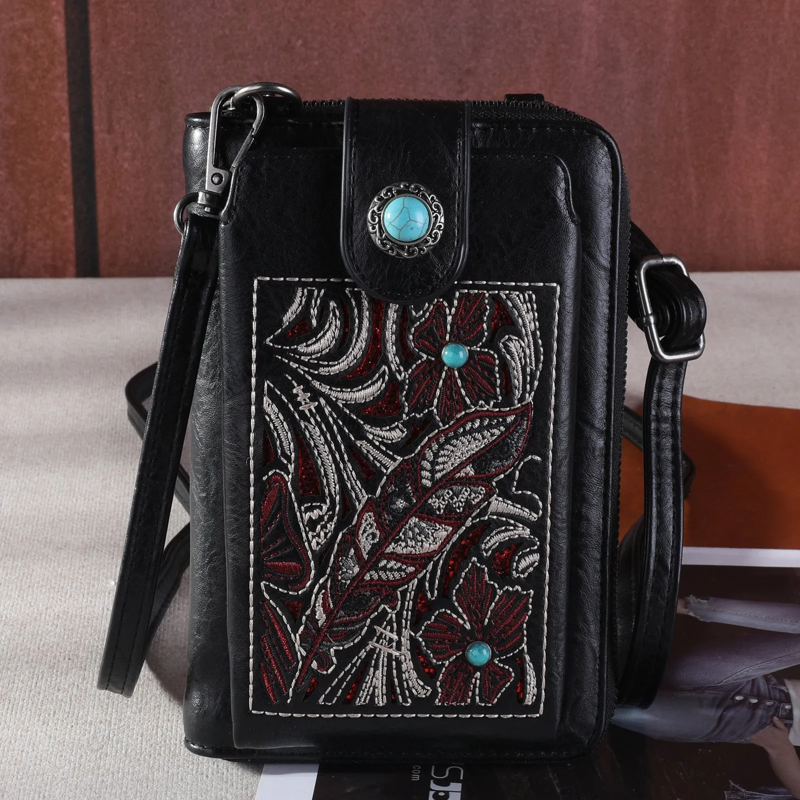 MW1244-183 Montana West Embroidered Floral Cut-out Collection Phone Wallet/Crossbody