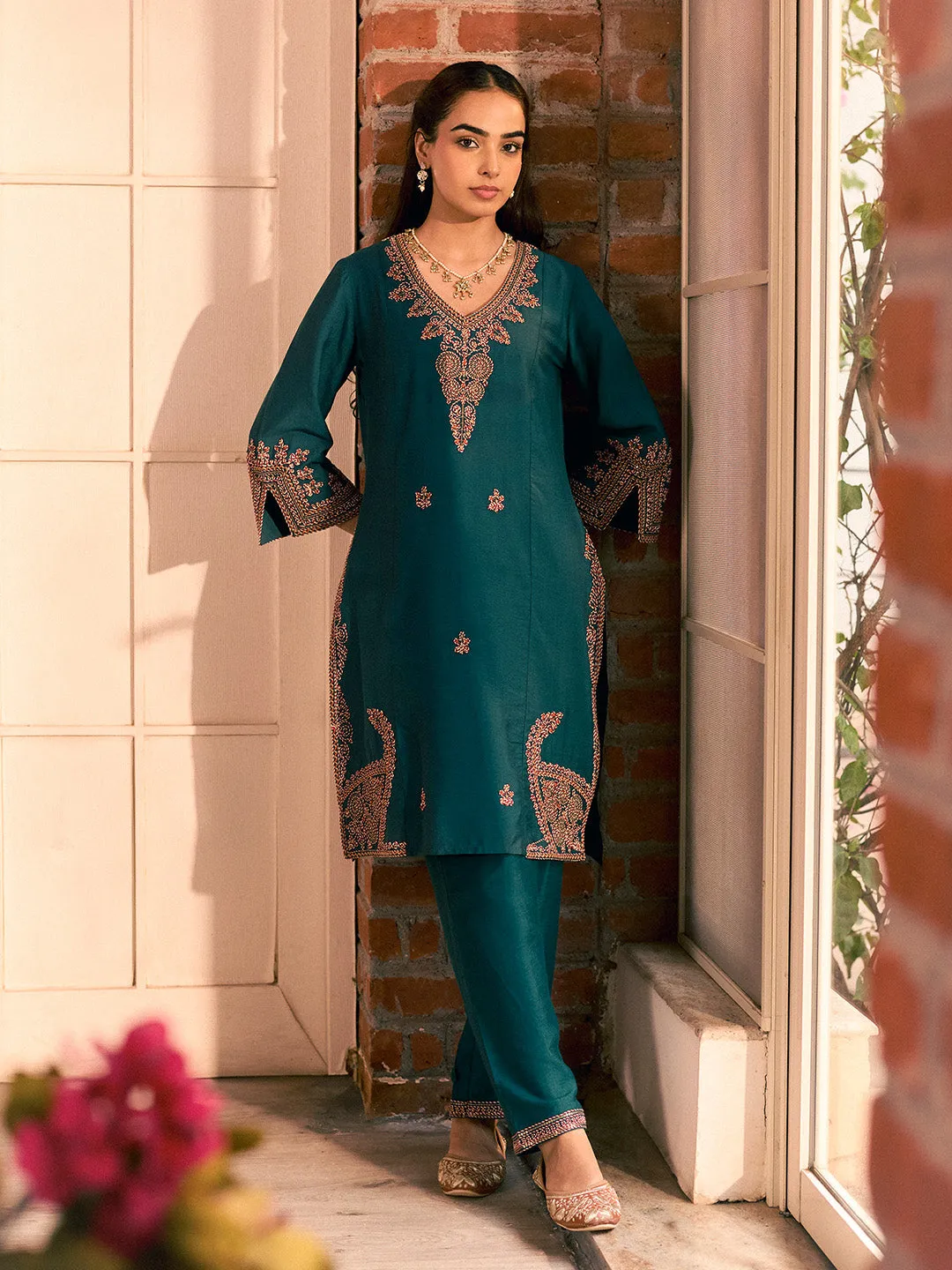 Nikhat Emerald Embroidered Rayon Co-ord Set for Women