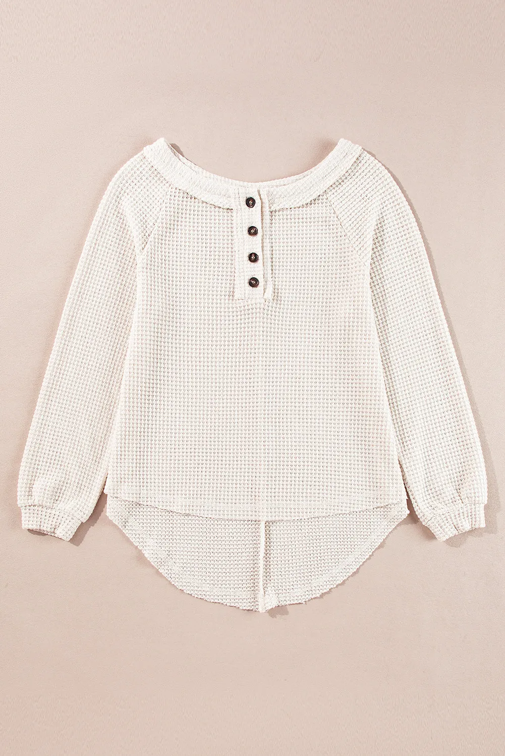 Oatmeal Waffle Knit Buttoned Front Raglan Sleeve Loose Blouse