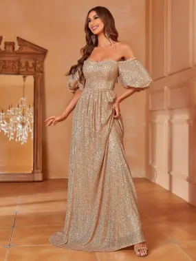 Off Shoulder Puff Sleeve Sequin Party Dresses