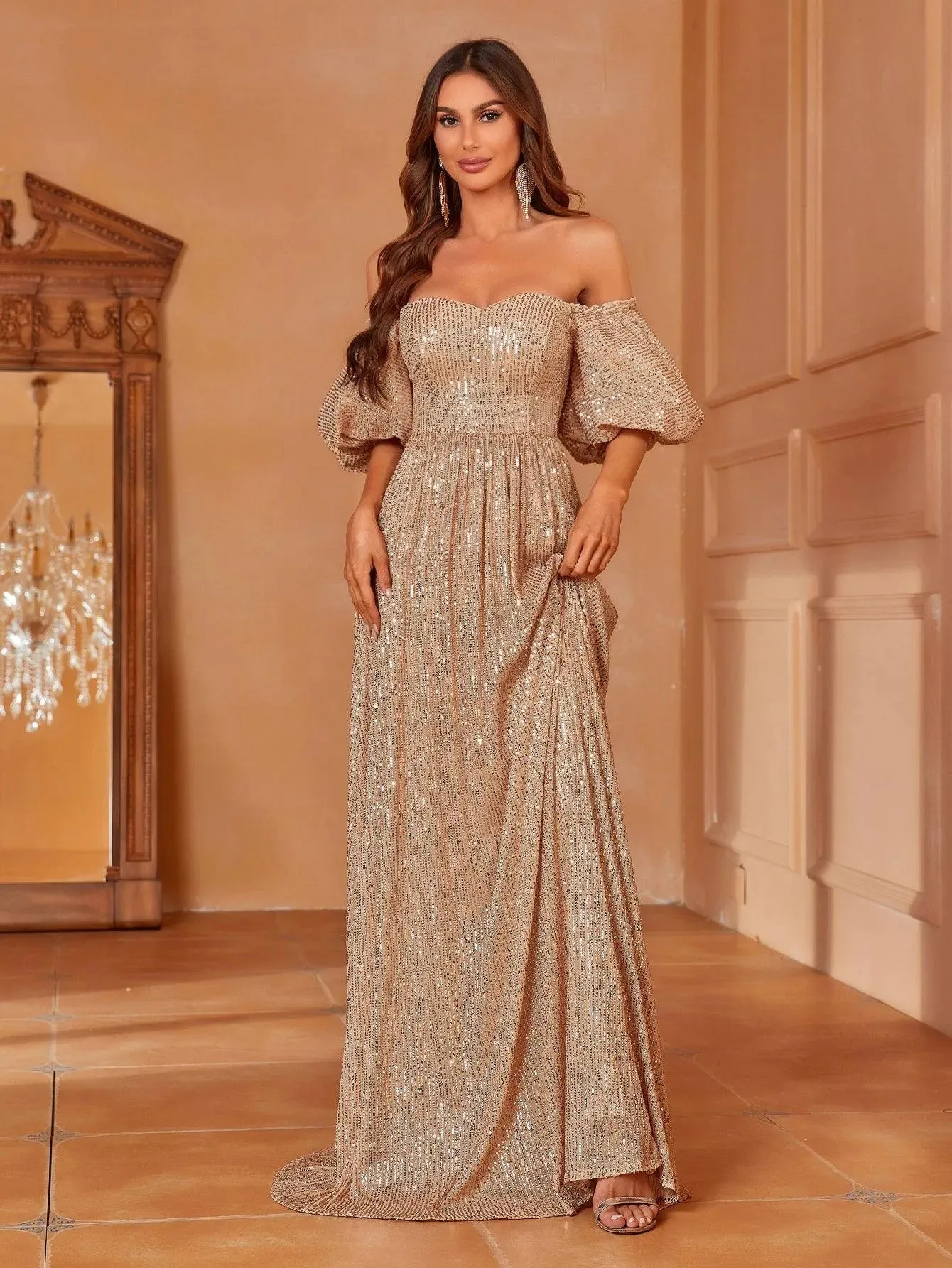 Off Shoulder Puff Sleeve Sequin Party Dresses