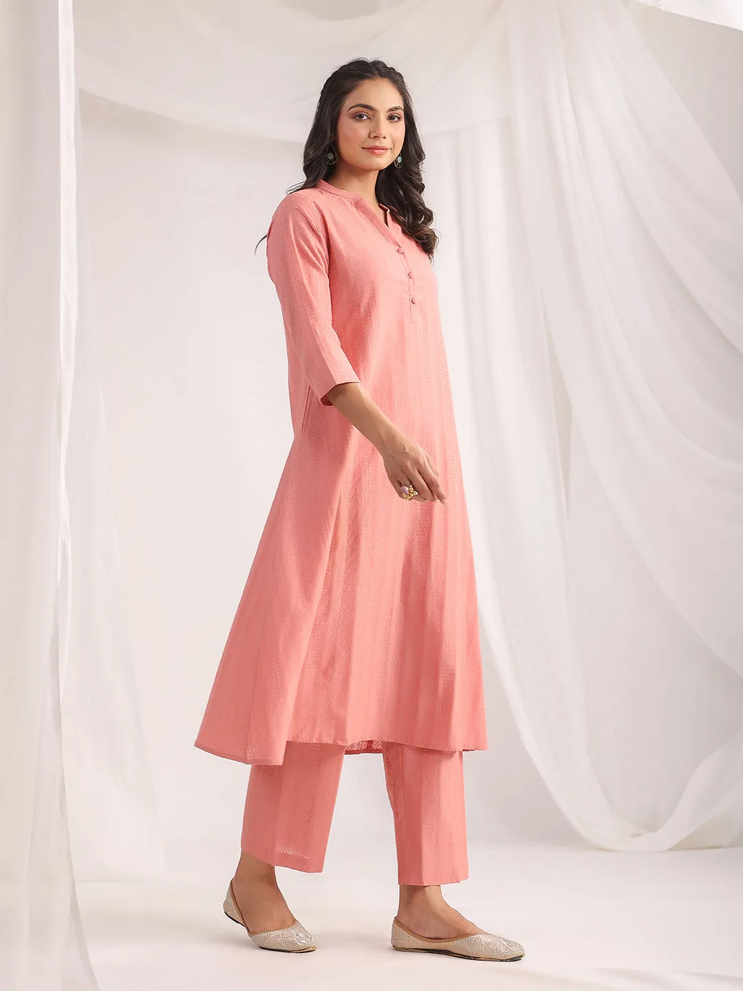 Pink Cotton Jacquard Self Design A-Line Co-Ord Set