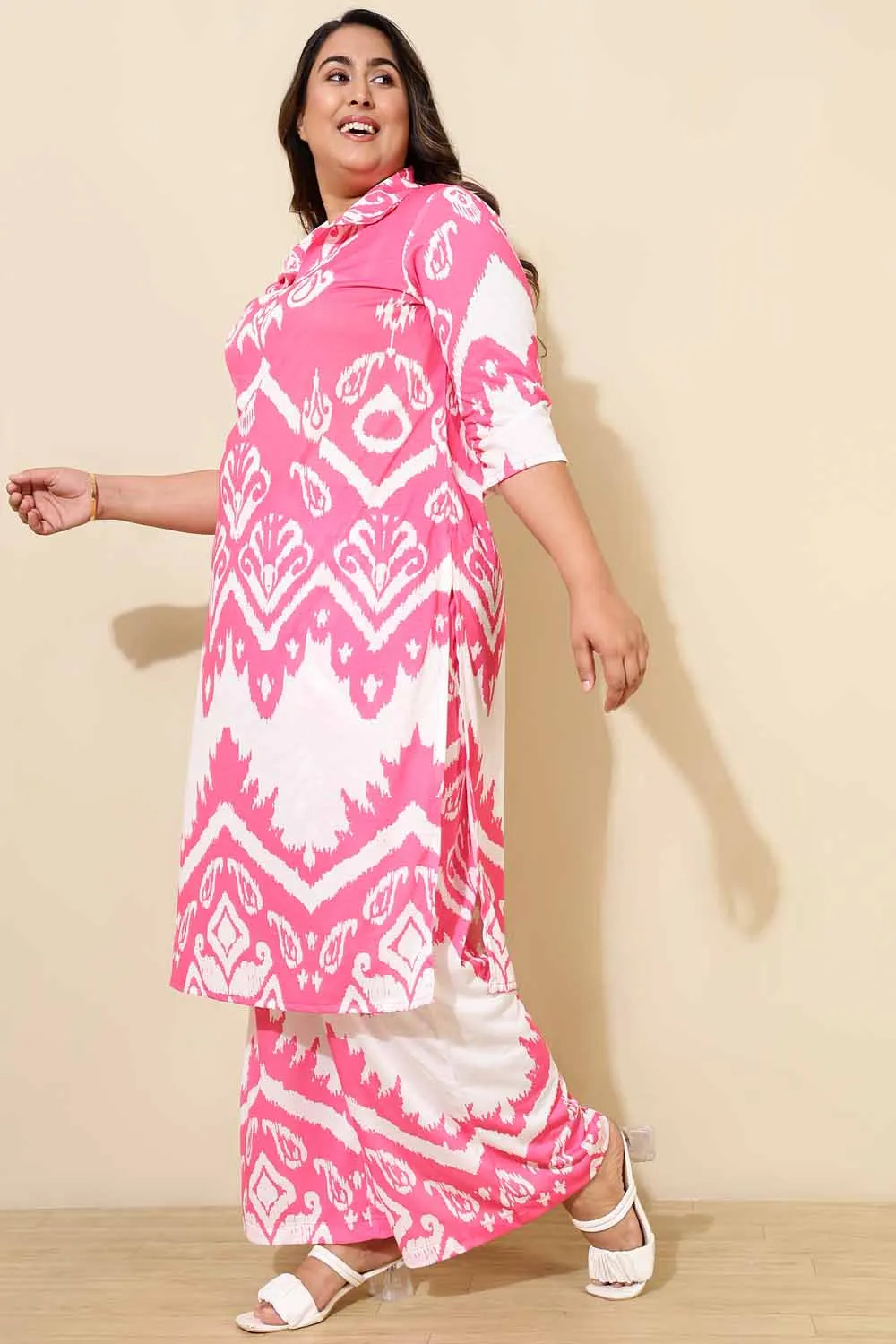 Plus Size Pink White Printed Co-ord Set