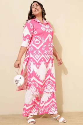 Plus Size Pink White Printed Co-ord Set