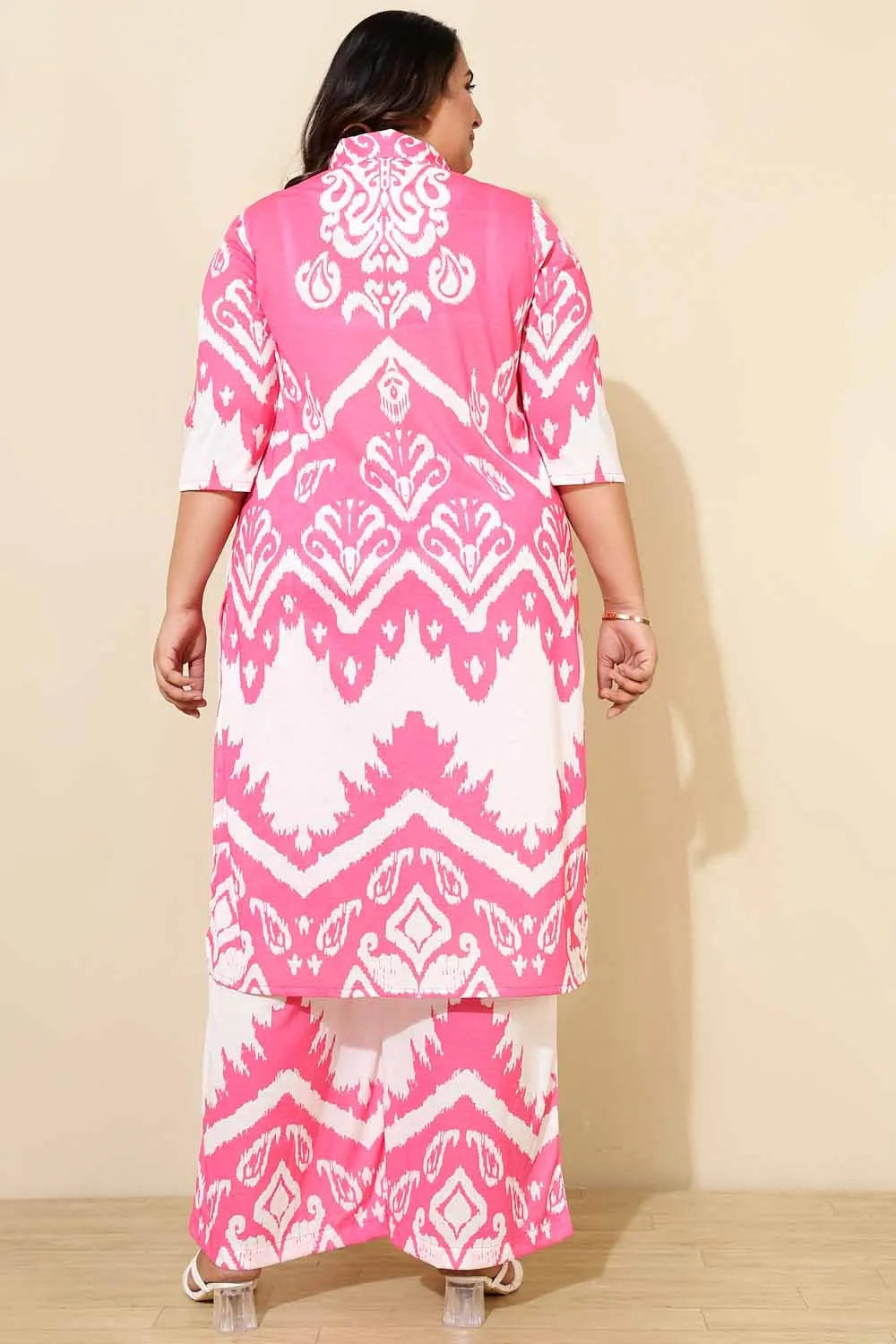 Plus Size Pink White Printed Co-ord Set