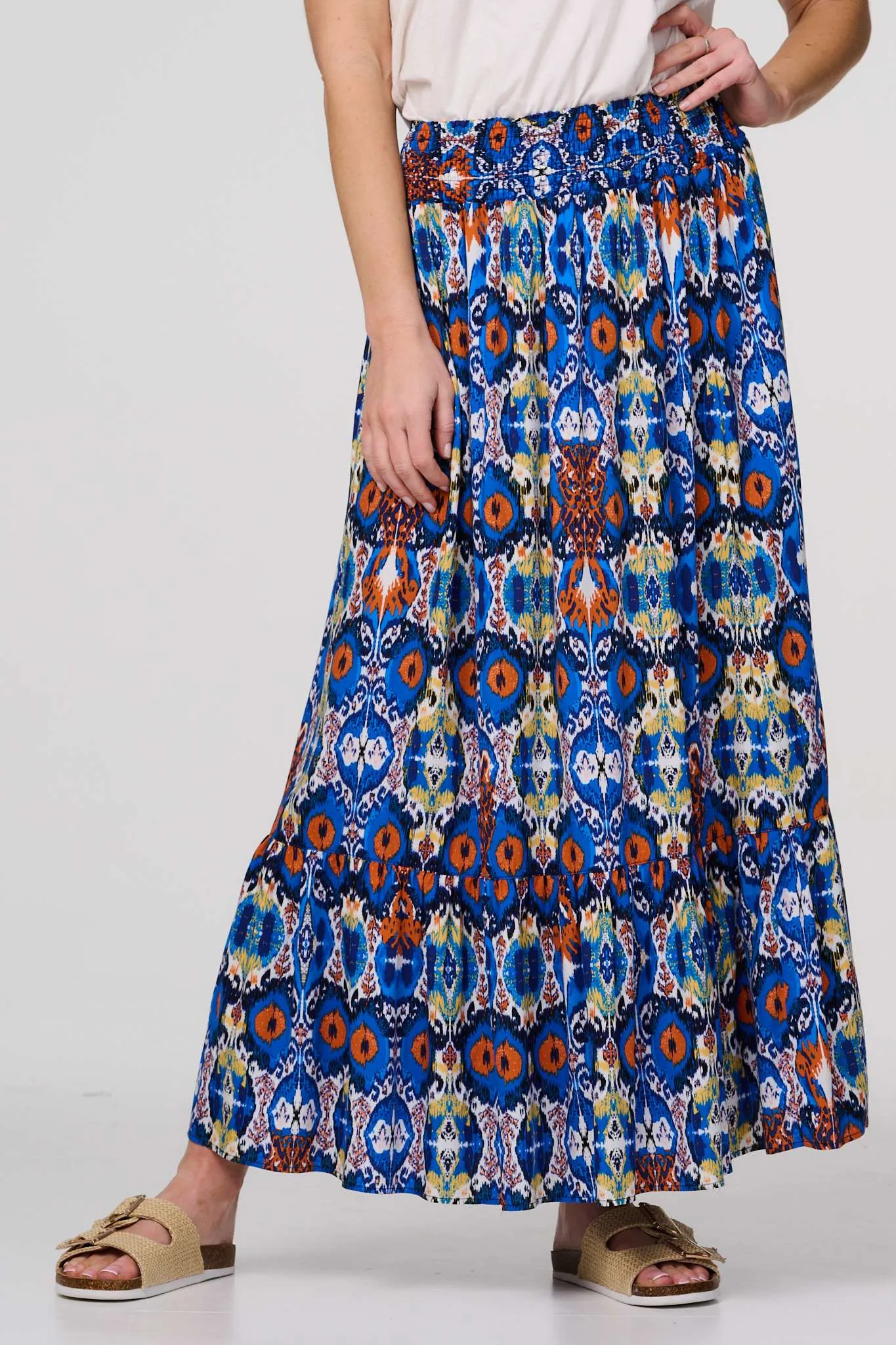 Printed Shirred High Waist Maxi Skirt