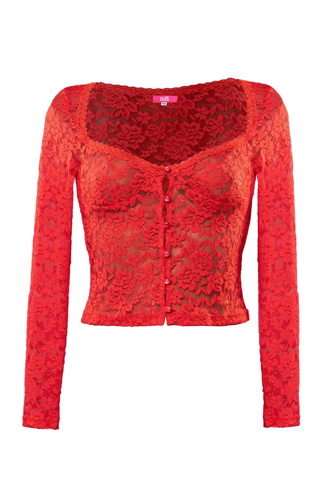 Red Sonja Lace Sheer Long Sleeve Button Top