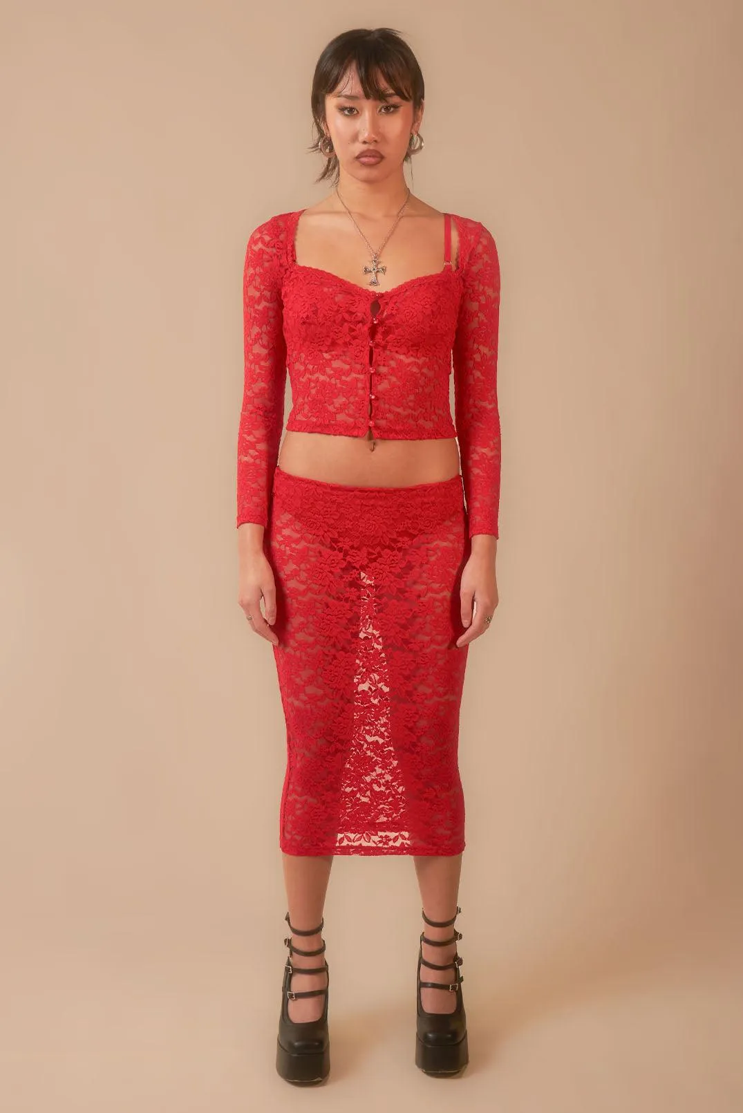 Red Sonja Lace Sheer Long Sleeve Button Top