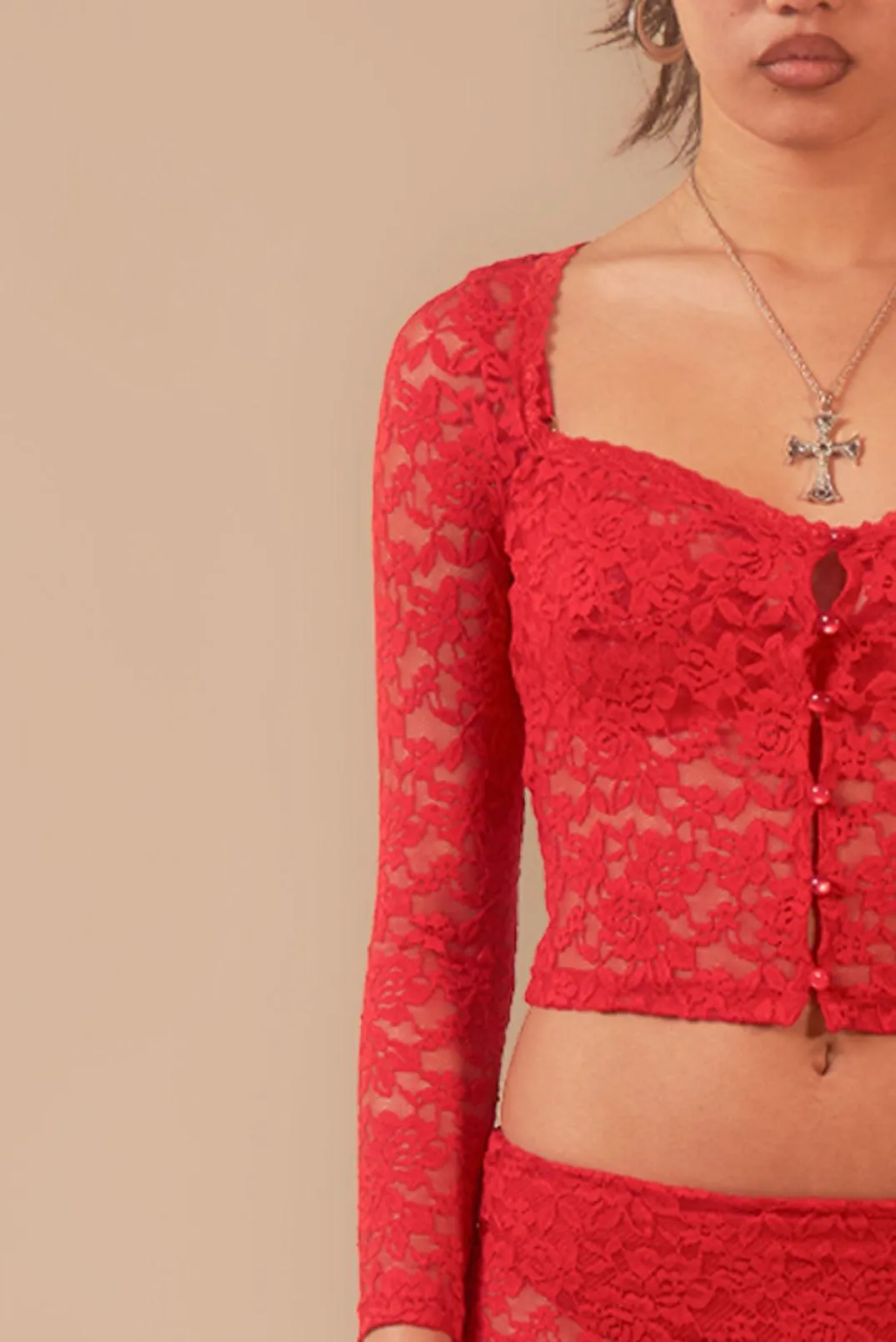 Red Sonja Lace Sheer Long Sleeve Button Top