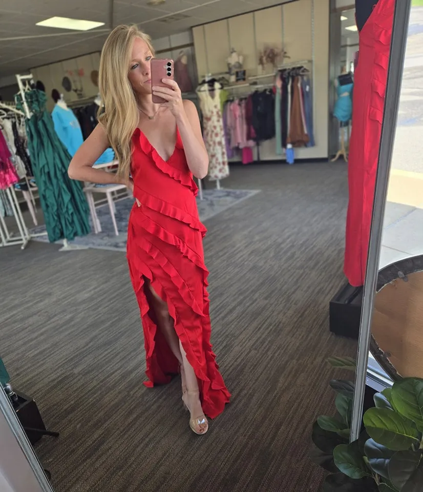 Red Spaghetti Strap Ruffle Maxi Dress