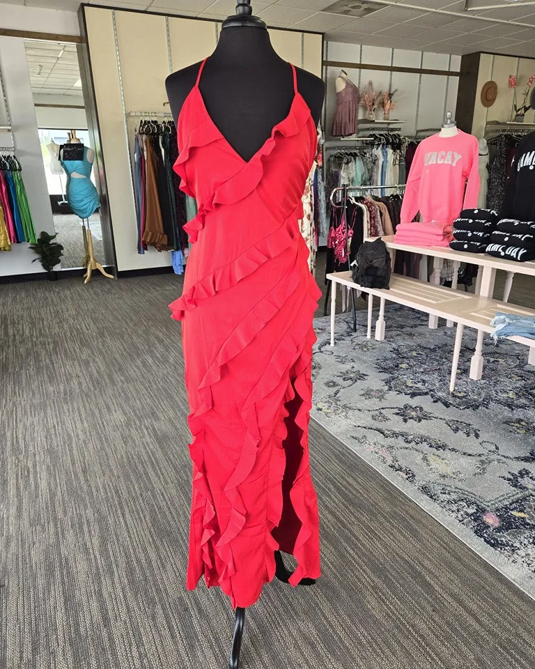 Red Spaghetti Strap Ruffle Maxi Dress