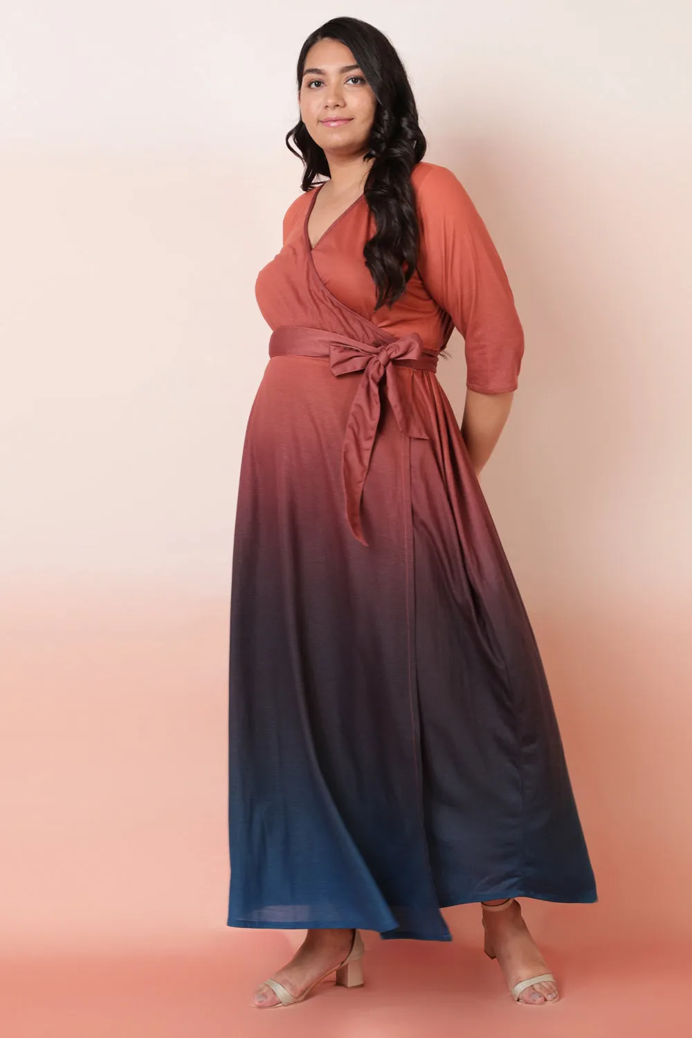 Rust Navy Ombre Maxi Wrap Dress