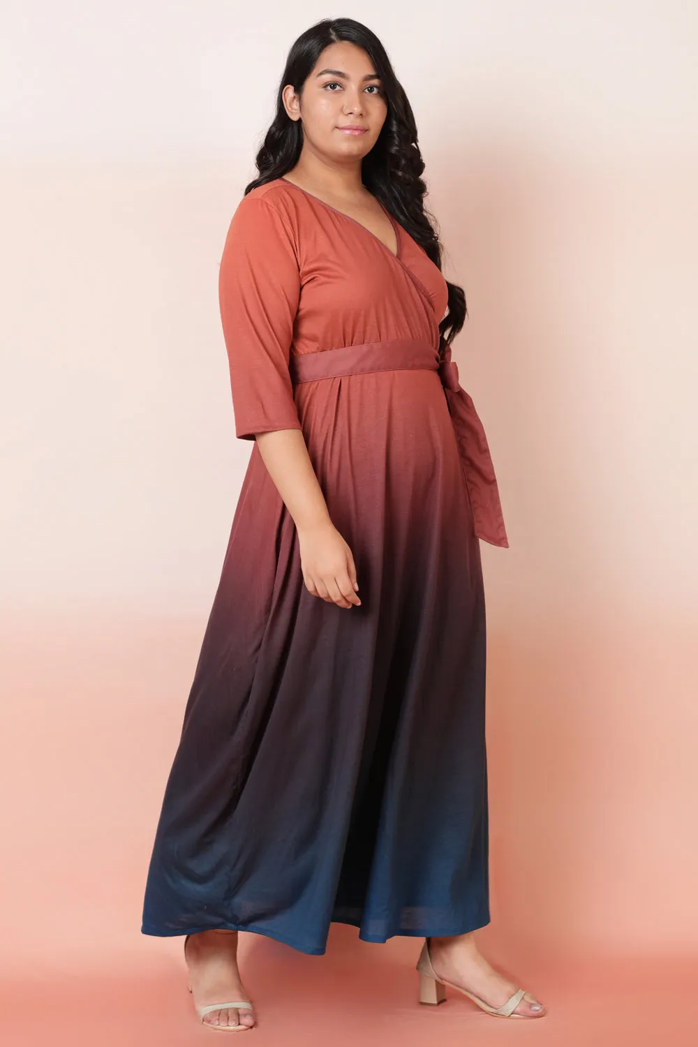 Rust Navy Ombre Maxi Wrap Dress